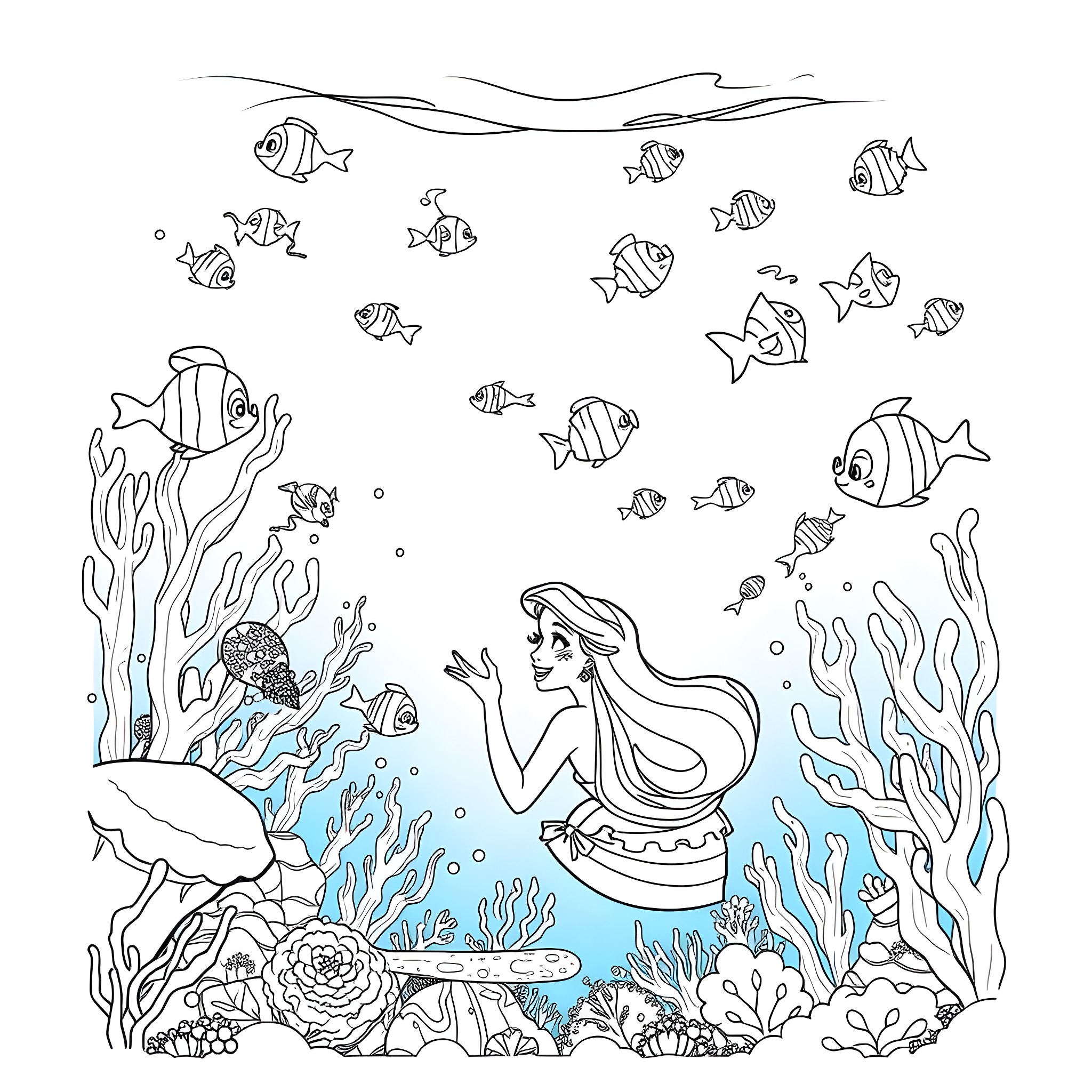 Ariel exploring the underwater world with marine life Coloring Page (free black-and-white line drawing printable PDF for all, from beginners to advanced learners, including children, teens, adults, and seniors)