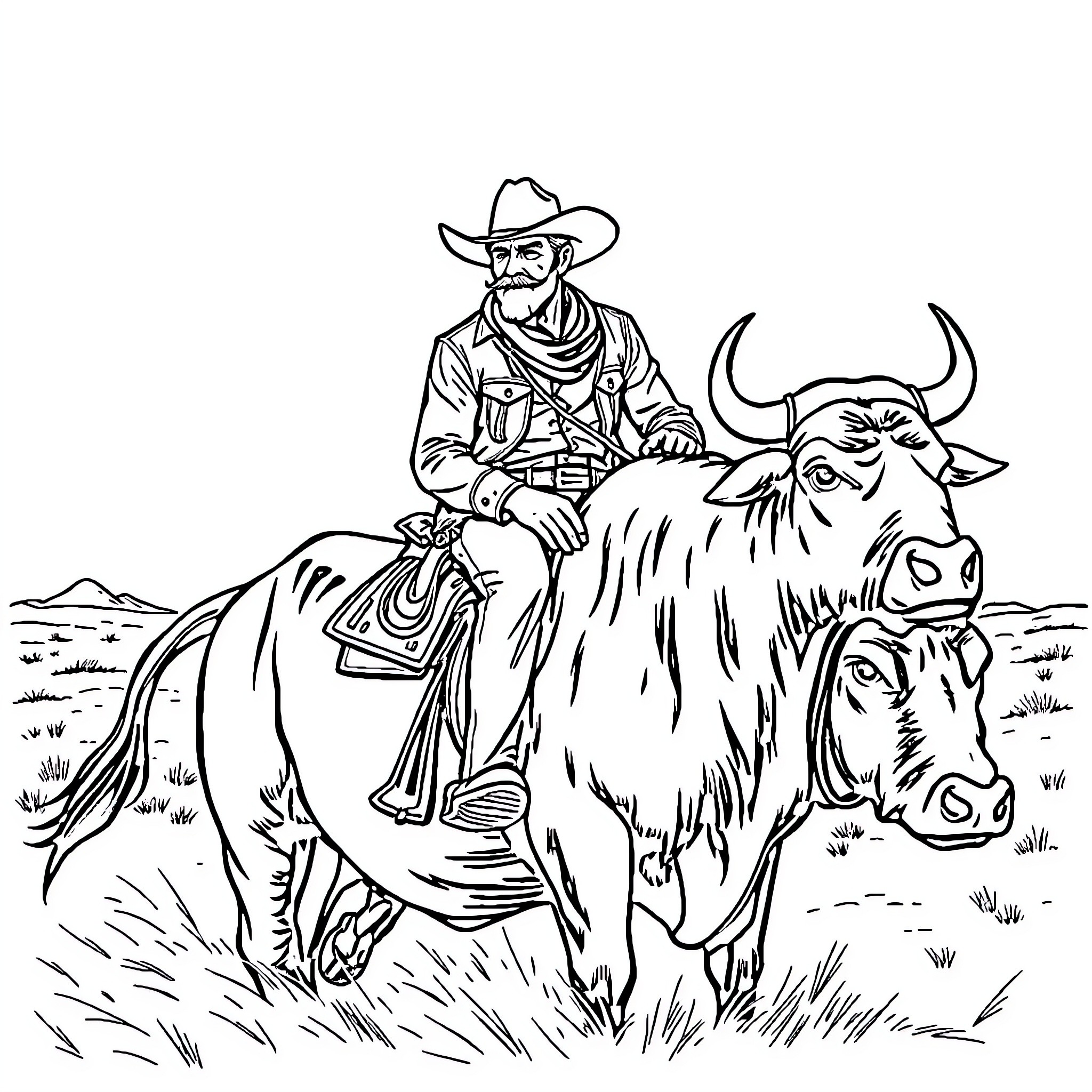 Cowboy riding a fierce bull in the wilderness Coloring Page (free black-and-white line drawing printable PDF for all, from beginners to advanced learners, including children, teens, adults, and seniors)