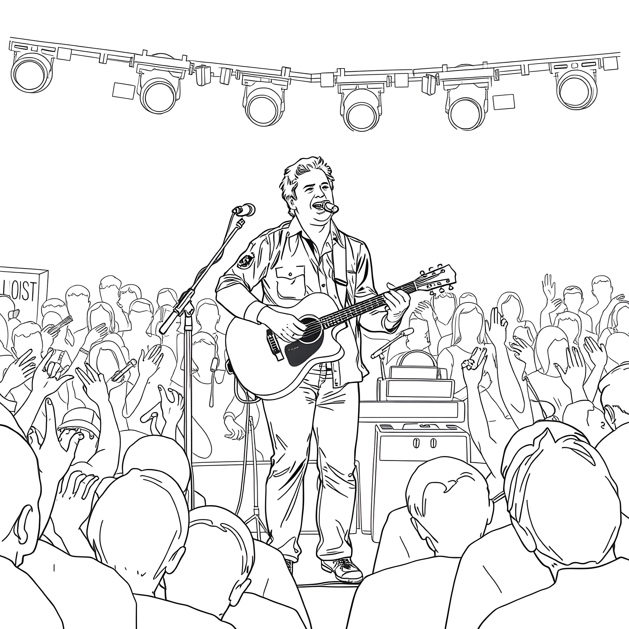 Jason Isbell performing energetically on stage for a crowd Coloring Page (free black-and-white line drawing printable PDF for all, from beginners to advanced learners, including children, teens, adults, and seniors)