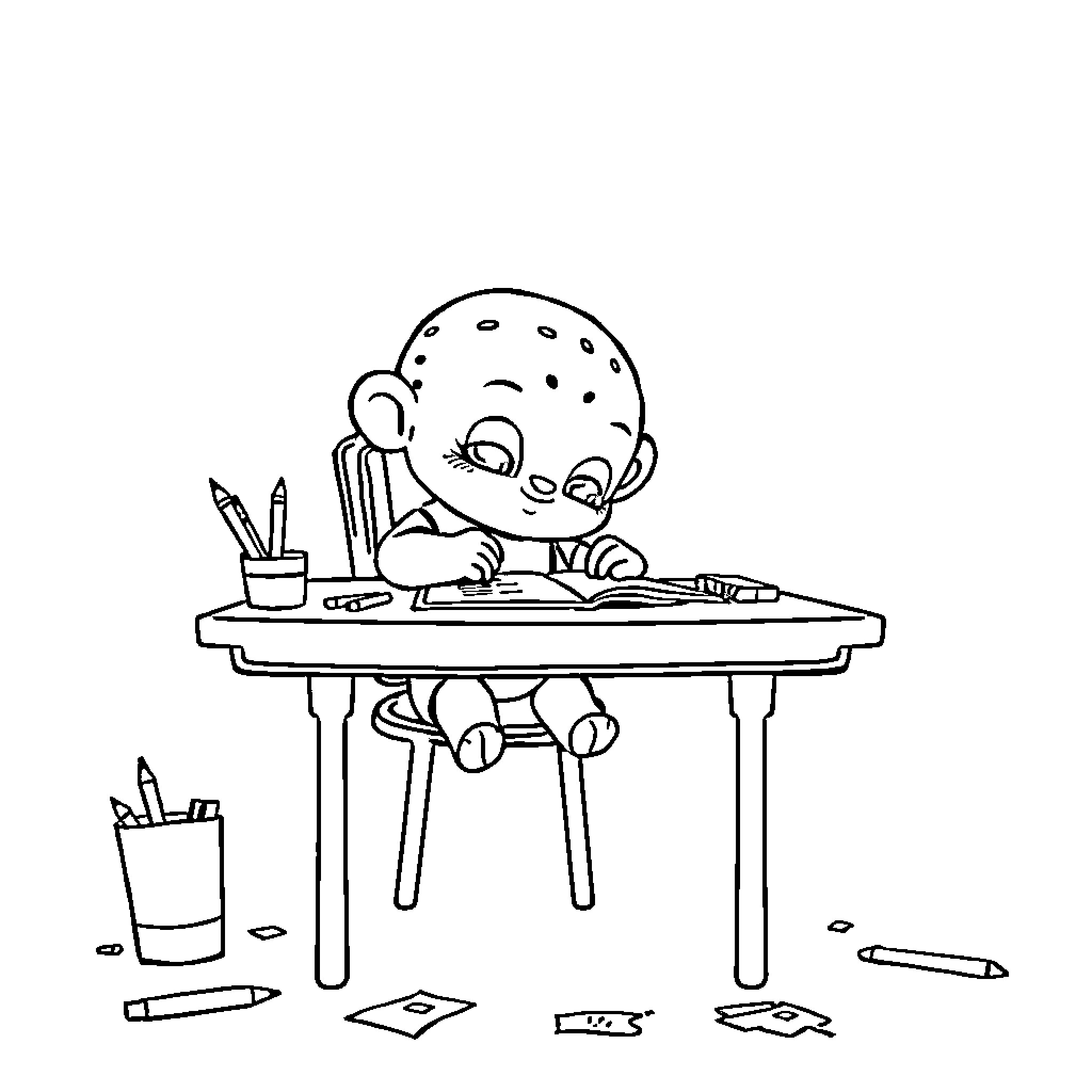 Labubu drawing at a table with art supplies Coloring Page (free black-and-white line drawing printable PDF for all, from beginners to advanced learners, including children, teens, adults, and seniors)