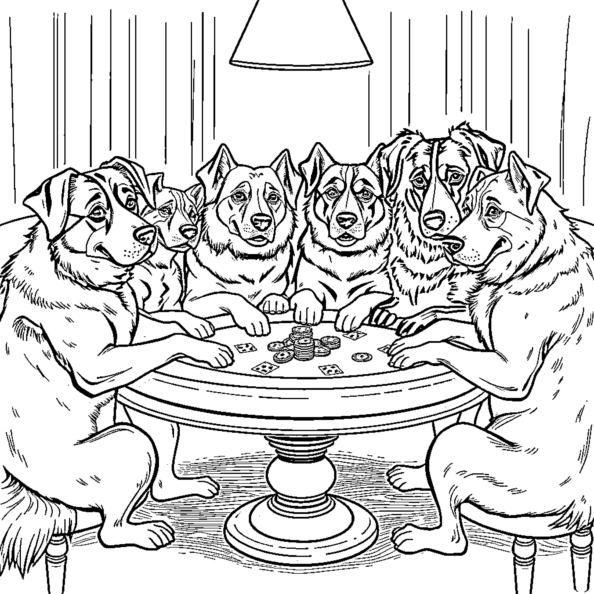 Dog friends enjoying a game night together Coloring Page (free black-and-white line drawing printable PDF for all, from beginners to advanced learners, including children, teens, adults, and seniors)