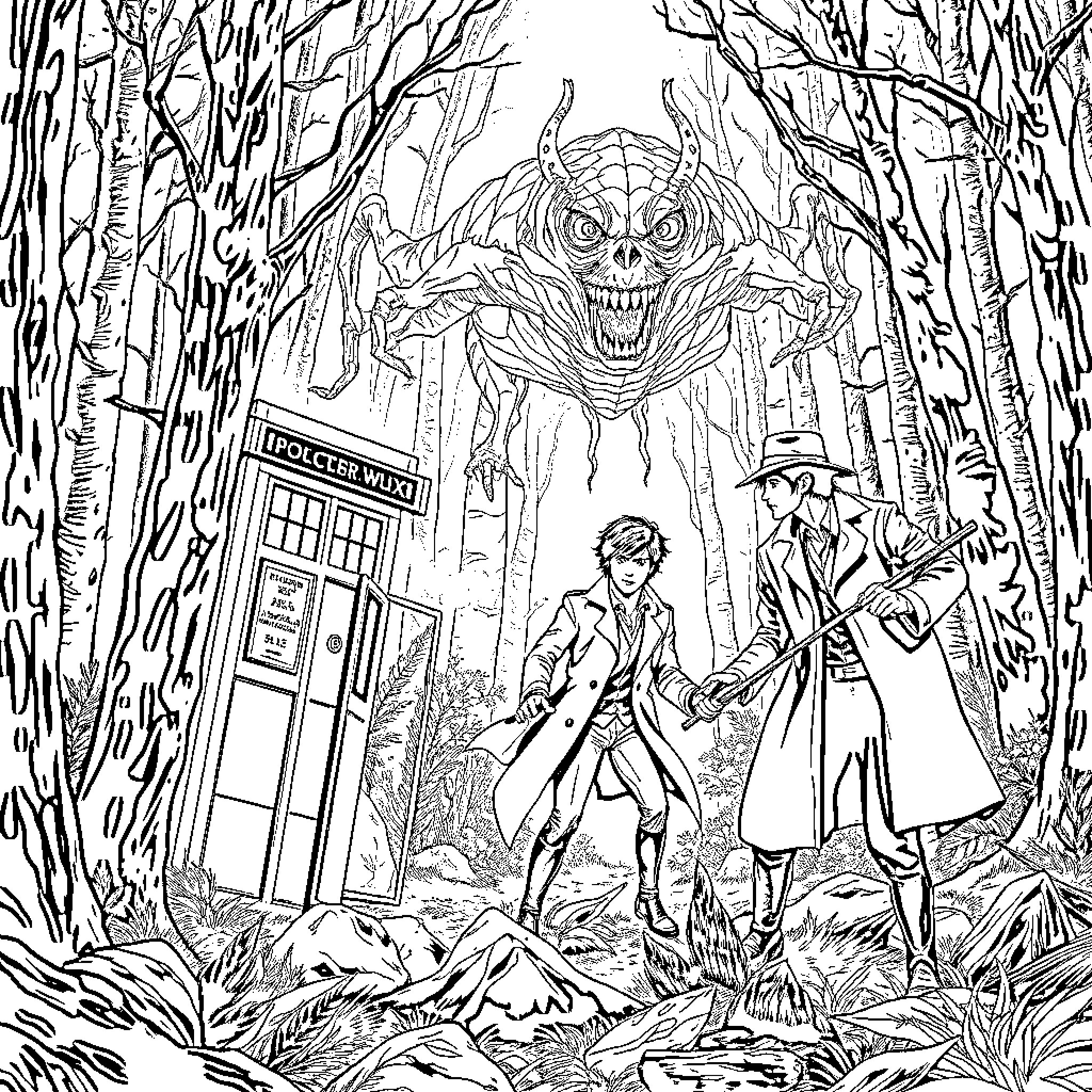 Doctor Who Facing Terrifying Monster in the Enchanted Forest Coloring Page (free black-and-white line drawing printable PDF for all, from beginners to advanced learners, including children, teens, adults, and seniors)