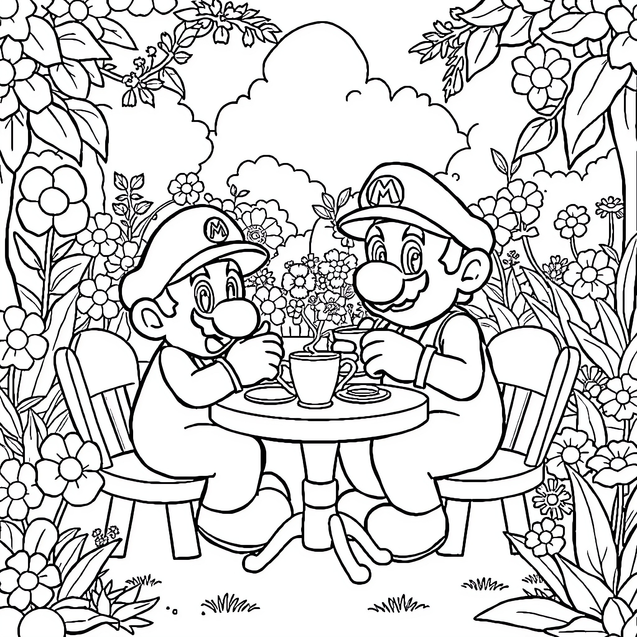 Mario and Luigi Enjoying a Picnic in the Floral Garden Coloring Page (free black-and-white line drawing printable PDF for all, from beginners to advanced learners, including children, teens, adults, and seniors)
