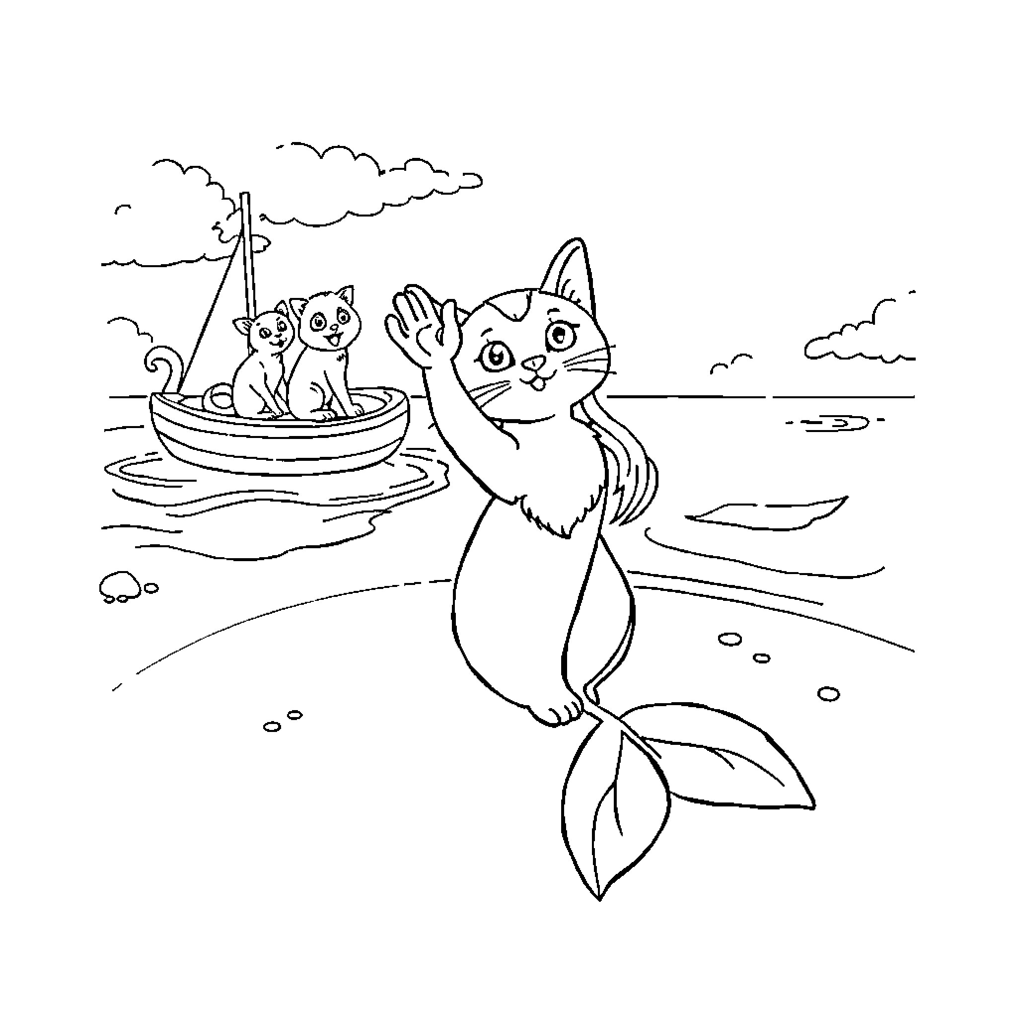 Cat Mermaid with Kittens Sailing on a Boat Coloring Page (free black-and-white line drawing printable PDF for all, from beginners to advanced learners, including children, teens, adults, and seniors)