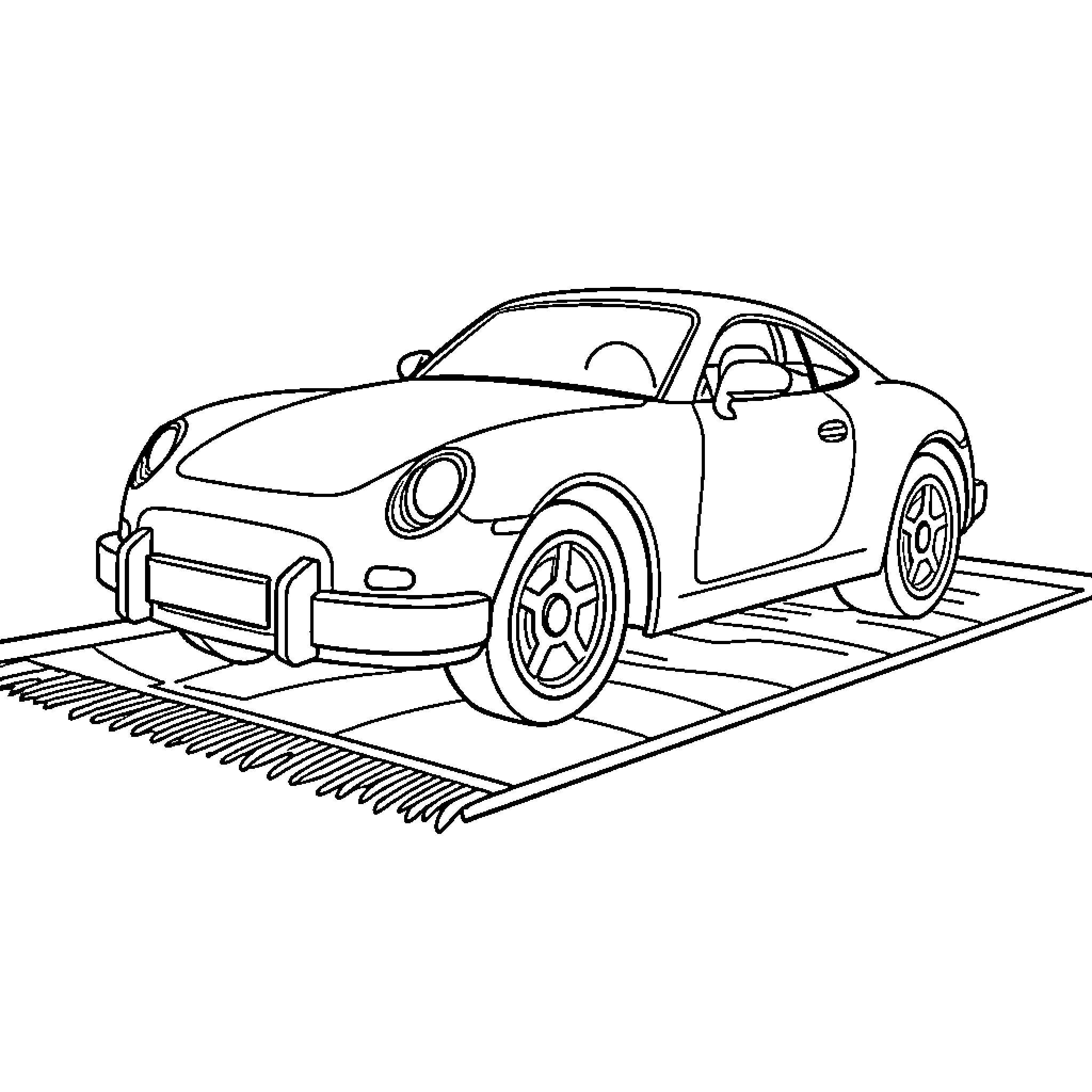 Car on a Ramp in a Garage Coloring Page (free black-and-white line drawing printable PDF for all, from beginners to advanced learners, including children, teens, adults, and seniors)