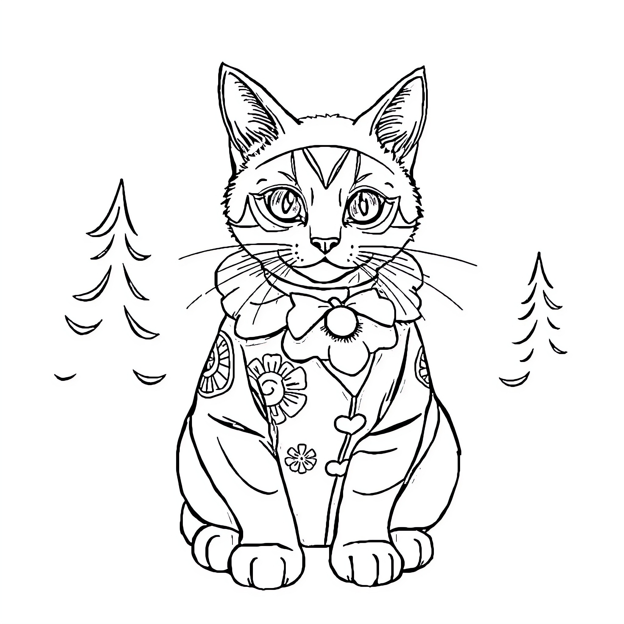 Cat in Floral Outfit Sitting in the Woods Coloring Page (free black-and-white line drawing printable PDF for all, from beginners to advanced learners, including children, teens, adults, and seniors)