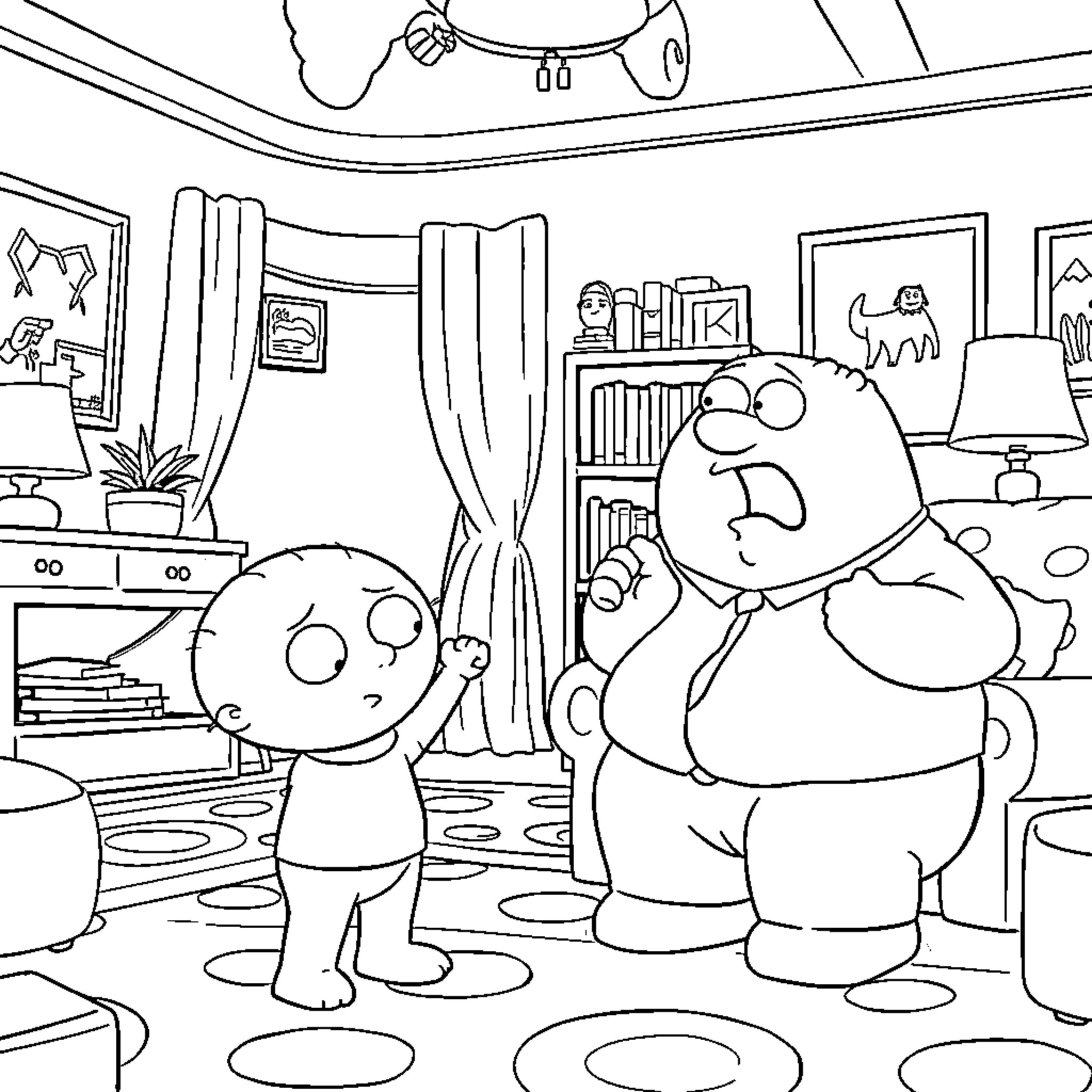 Stewie and Mildly Annoyed Companion in Cozy Living Room Coloring Page (free black-and-white line drawing printable PDF for all, from beginners to advanced learners, including children, teens, adults, and seniors)