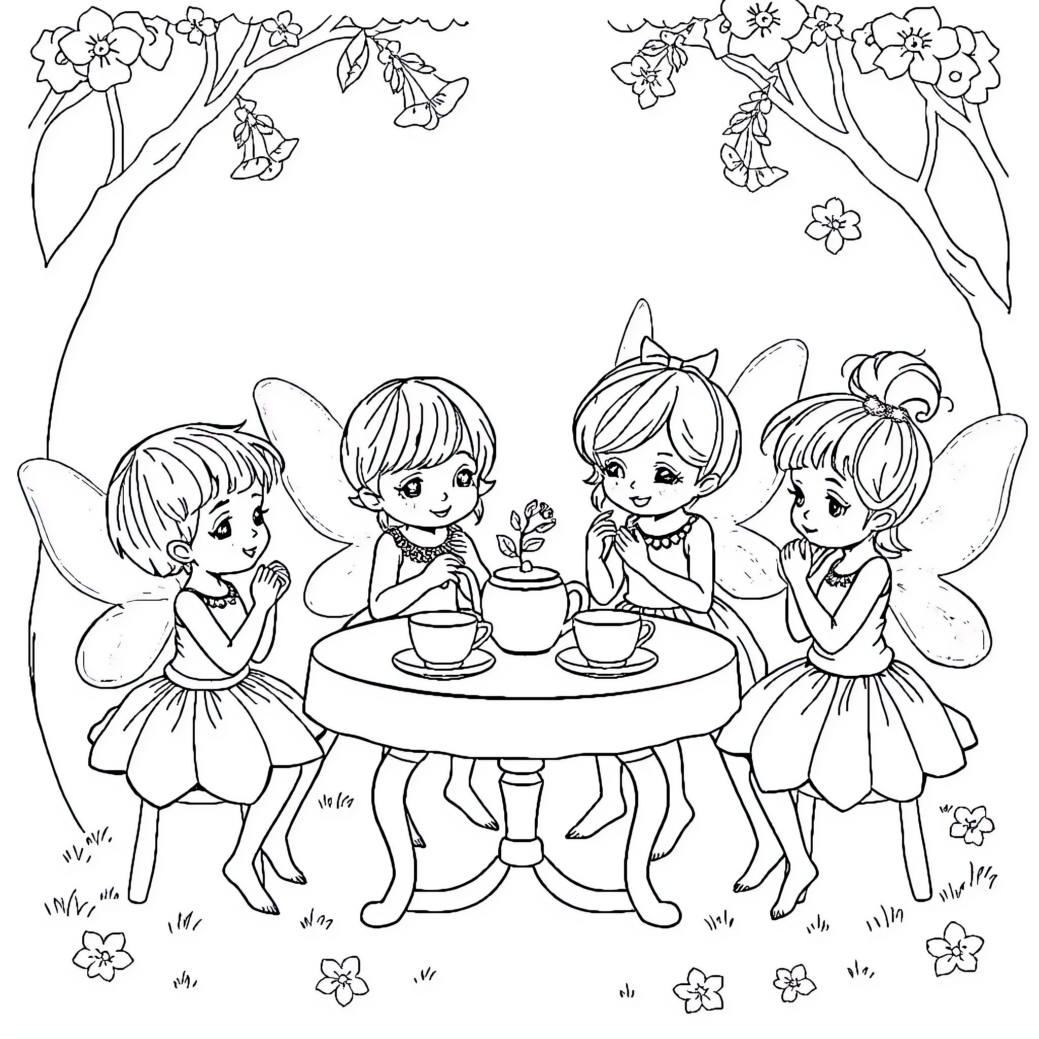 Fairy tea party in a floral garden Coloring Page (free black-and-white line drawing printable PDF for all, from beginners to advanced learners, including children, teens, adults, and seniors)