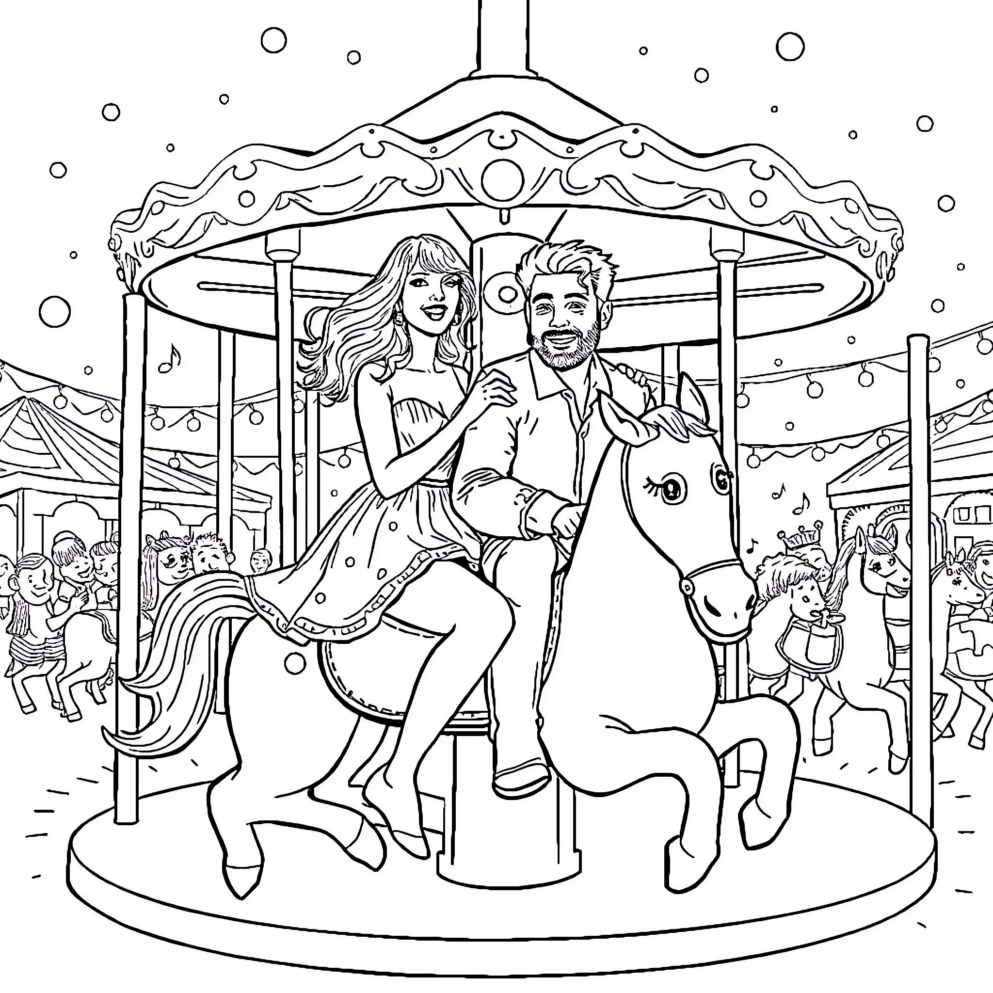 Taylor Swift enjoying a carousel ride with companion Coloring Page (free black-and-white line drawing printable PDF for all, from beginners to advanced learners, including children, teens, adults, and seniors)