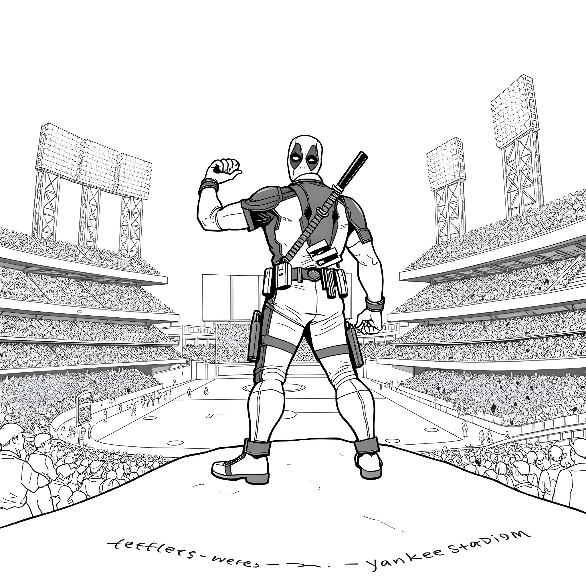 Deadpool strikes a heroic pose in a sports stadium Coloring Page (free black-and-white line drawing printable PDF for all, from beginners to advanced learners, including children, teens, adults, and seniors)