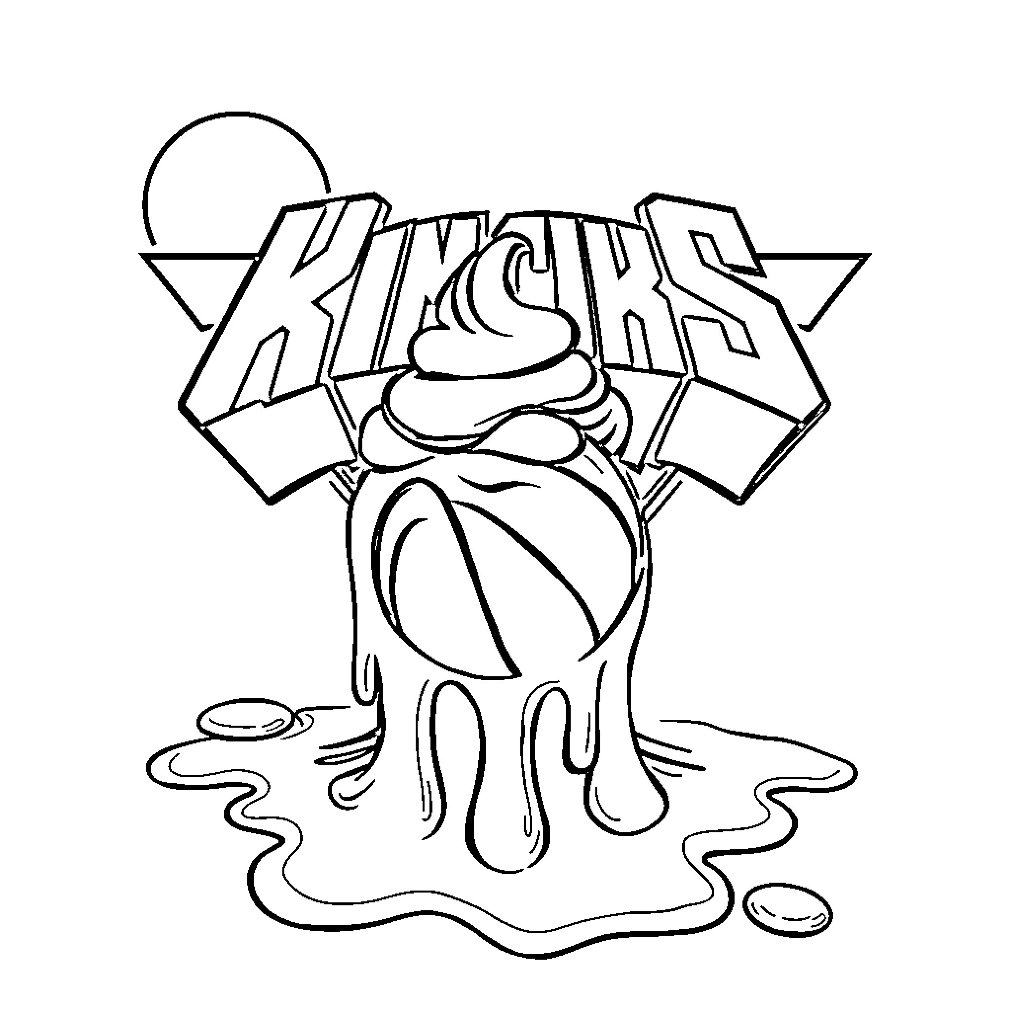 Knicks Logo with Melting Basketball Coloring Page (free black-and-white line drawing printable PDF for all, from beginners to advanced learners, including children, teens, adults, and seniors)