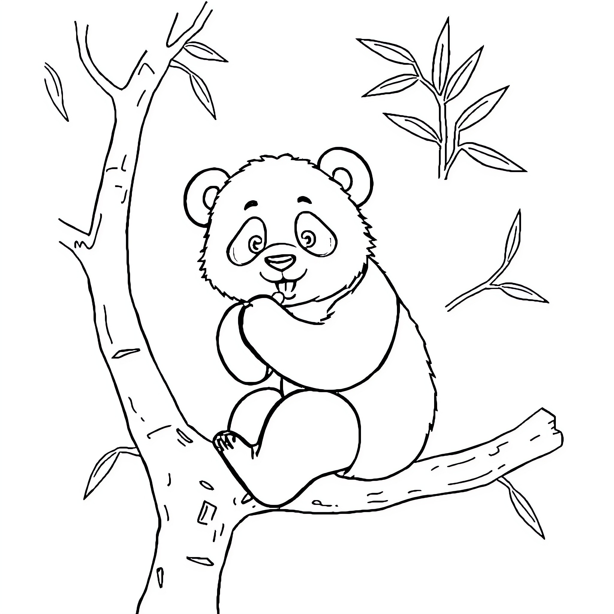 Panda resting on tree branch in natural setting Coloring Page (free black-and-white line drawing printable PDF for all, from beginners to advanced learners, including children, teens, adults, and seniors)