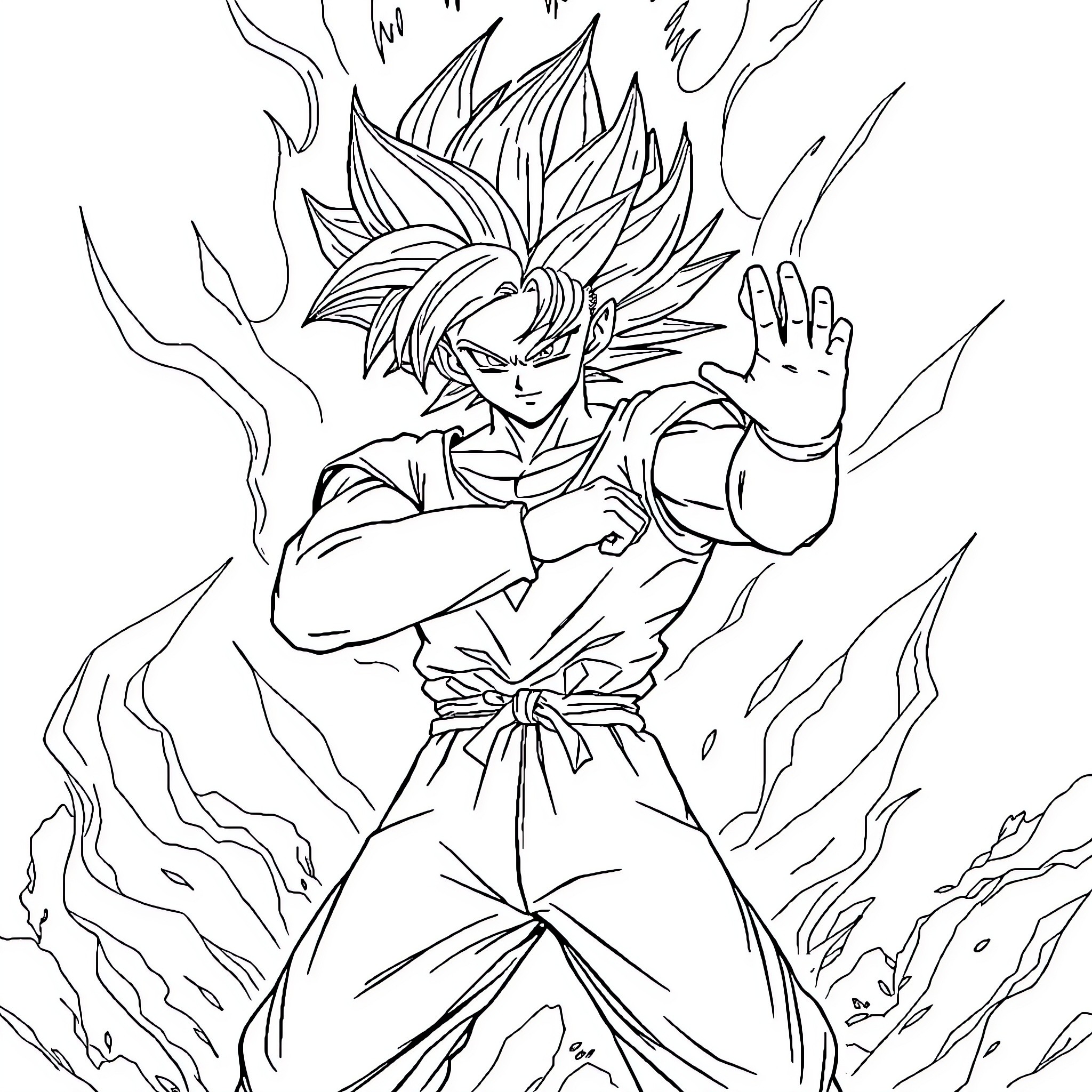 Gogeta's Explosive Battle Stance Coloring Page (free black-and-white line drawing printable PDF for all, from beginners to advanced learners, including children, teens, adults, and seniors)