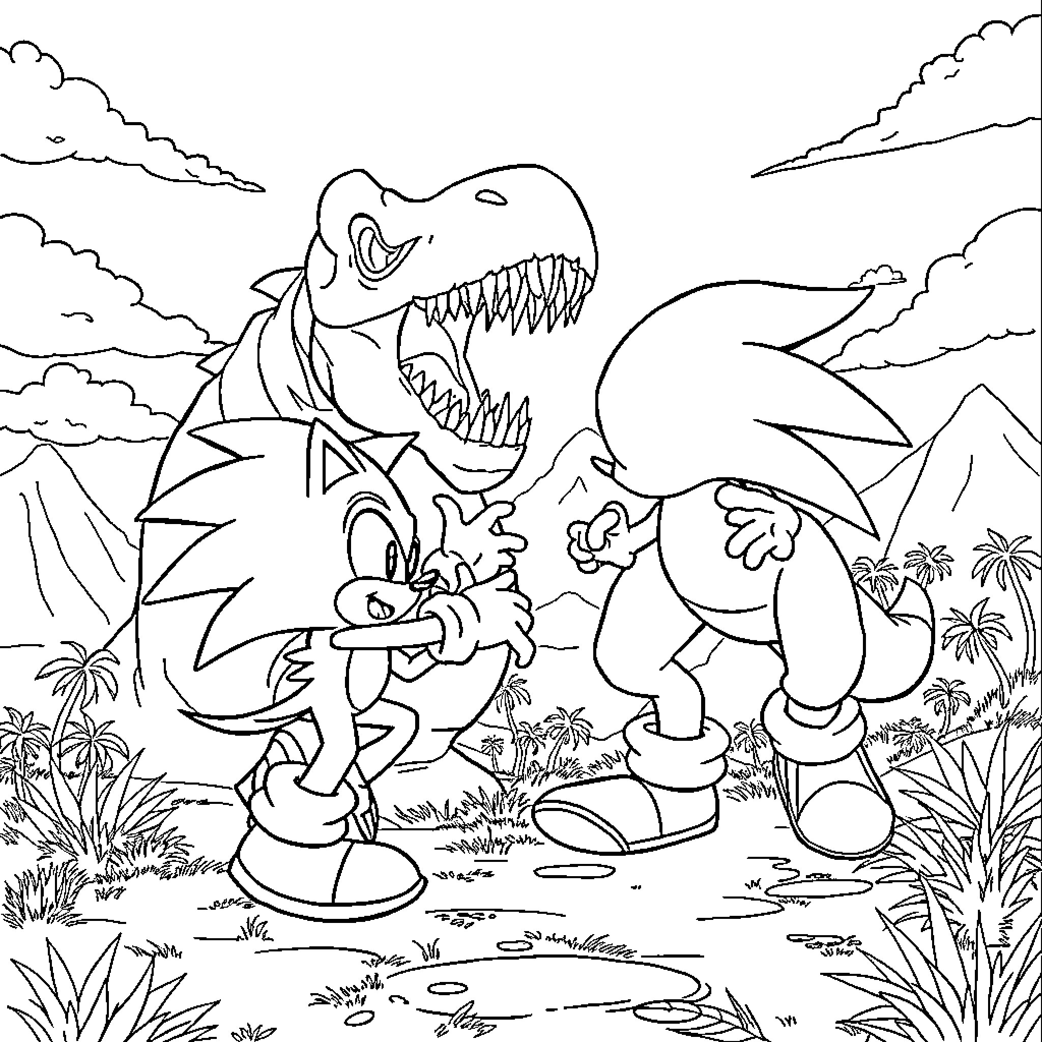 Sonic characters in a dinosaur-filled landscape Coloring Page (free black-and-white line drawing printable PDF for all, from beginners to advanced learners, including children, teens, adults, and seniors)
