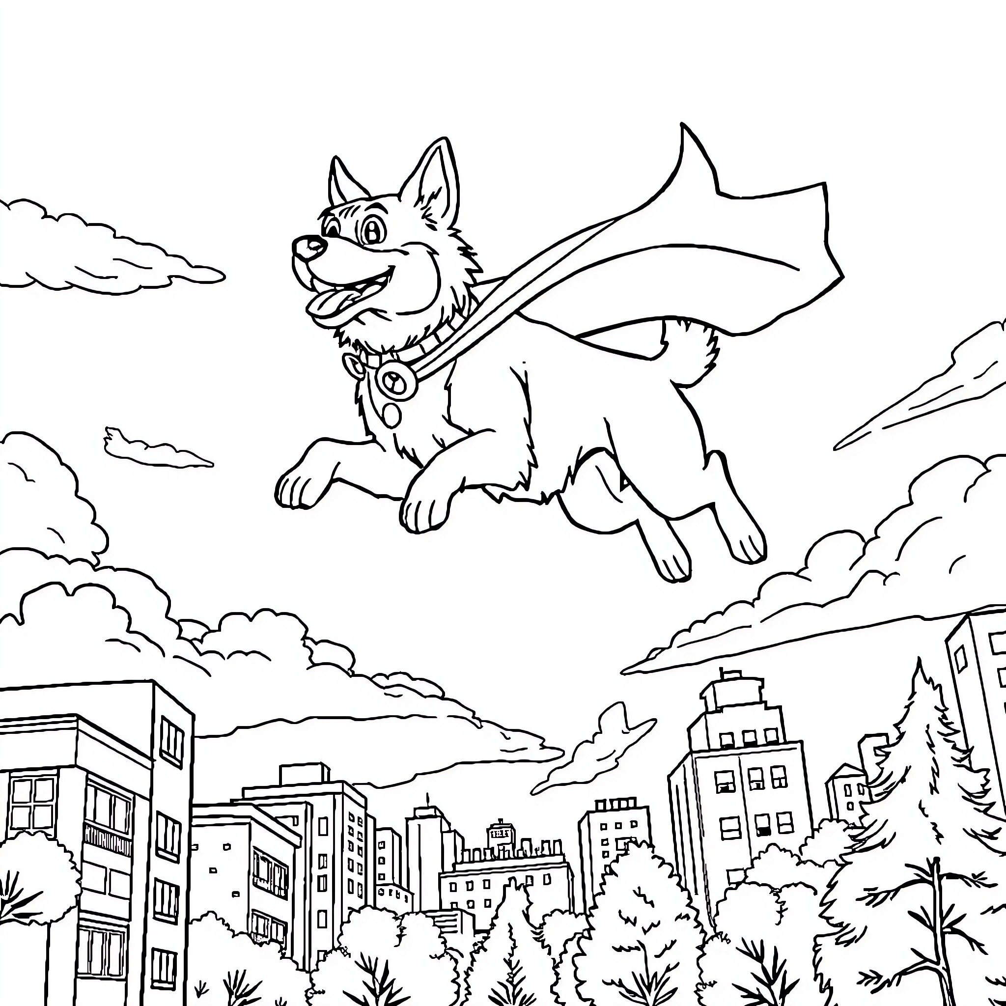 Dog soaring over city in superhero costume Coloring Page (free black-and-white line drawing printable PDF for all, from beginners to advanced learners, including children, teens, adults, and seniors)