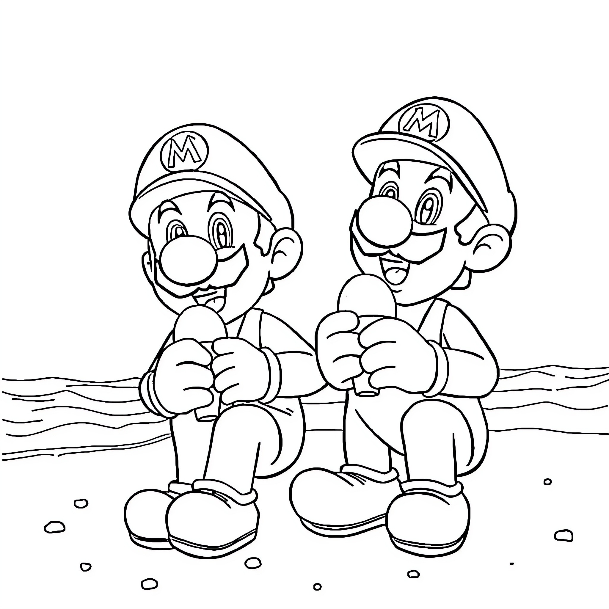 Mario Brothers Enjoying Outdoor Adventure Coloring Page (free black-and-white line drawing printable PDF for all, from beginners to advanced learners, including children, teens, adults, and seniors)