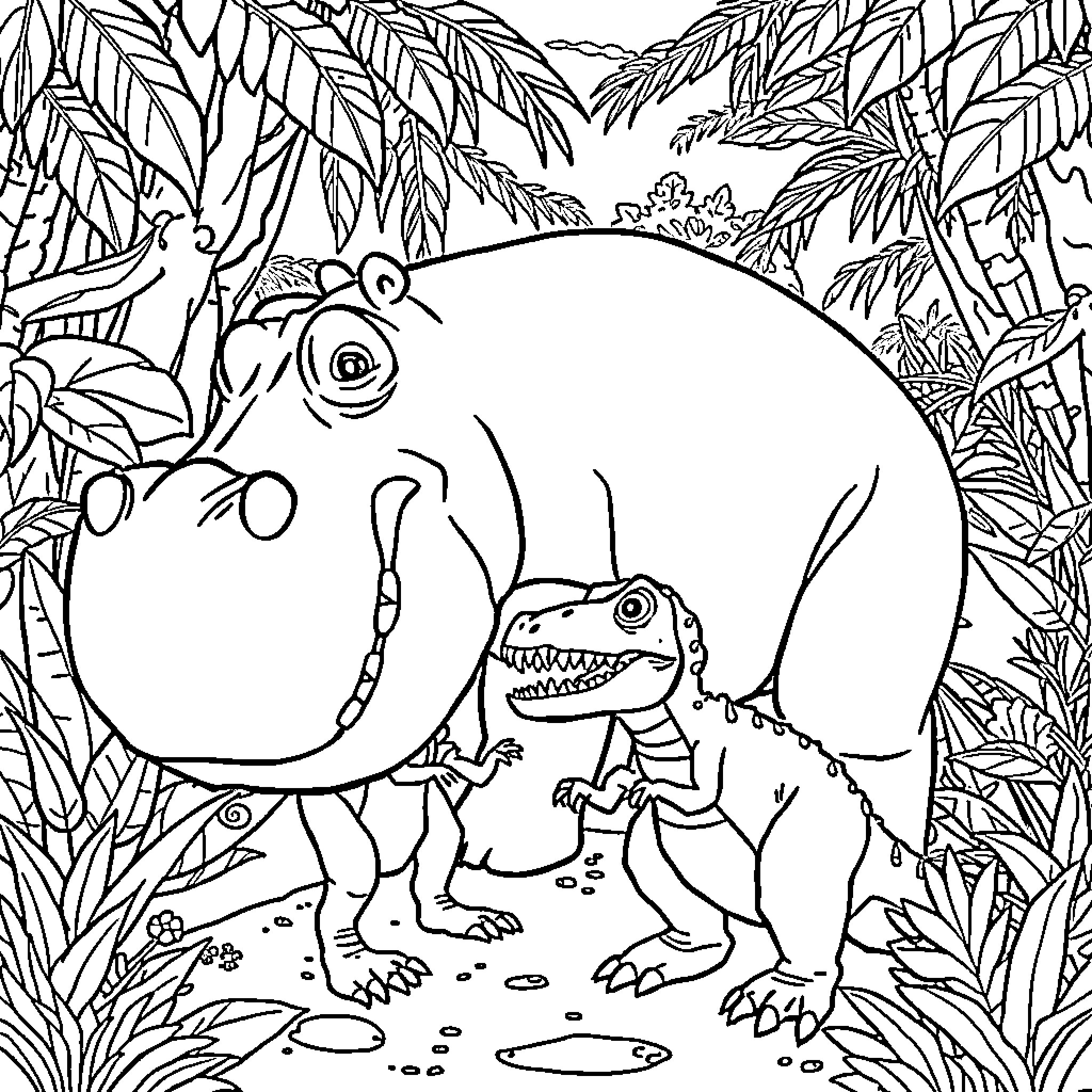 Dinosaurs roaming in a lush jungle landscape Coloring Page (free black-and-white line drawing printable PDF for all, from beginners to advanced learners, including children, teens, adults, and seniors)