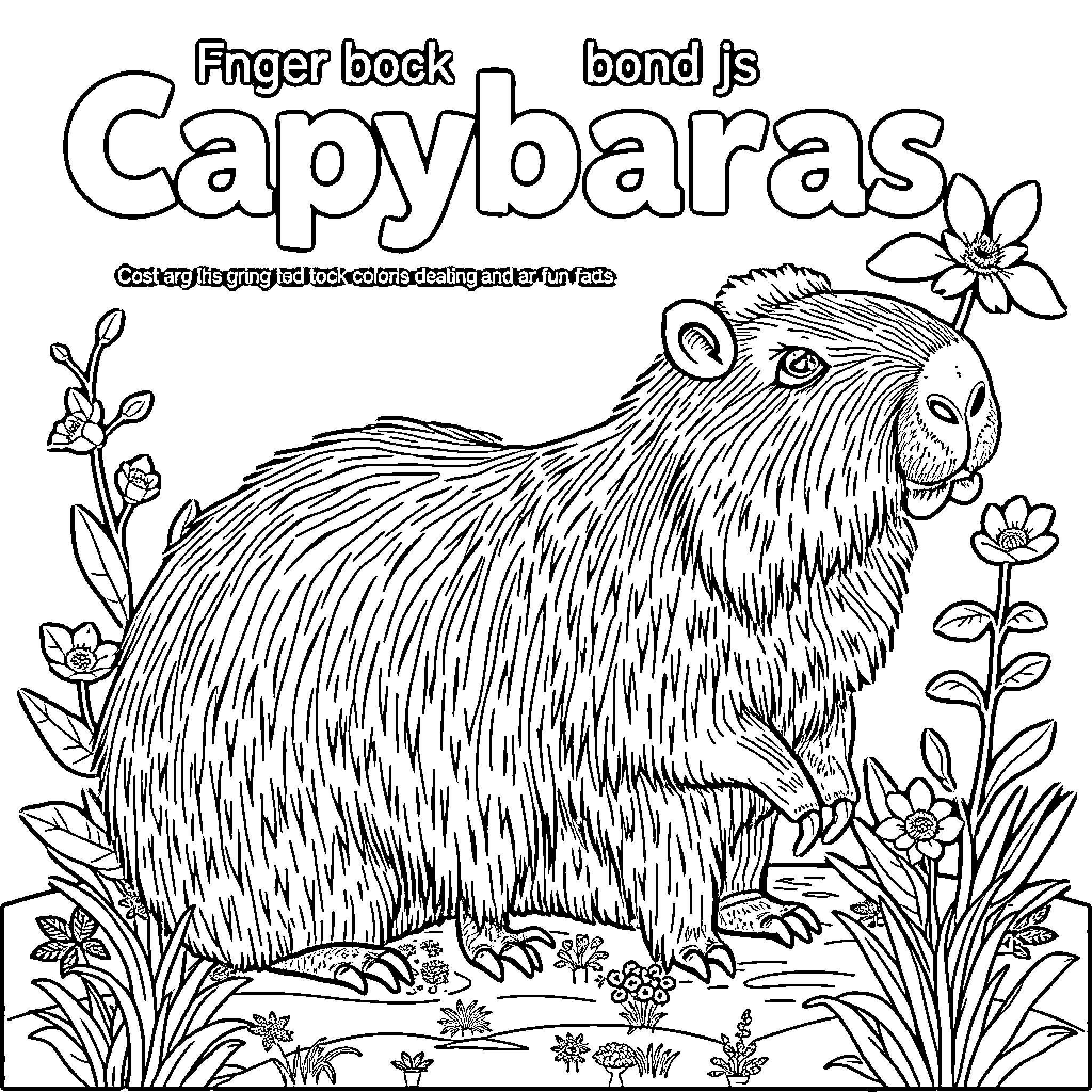 Capybaras in a flowery meadow Coloring Page (free black-and-white line drawing printable PDF for all, from beginners to advanced learners, including children, teens, adults, and seniors)