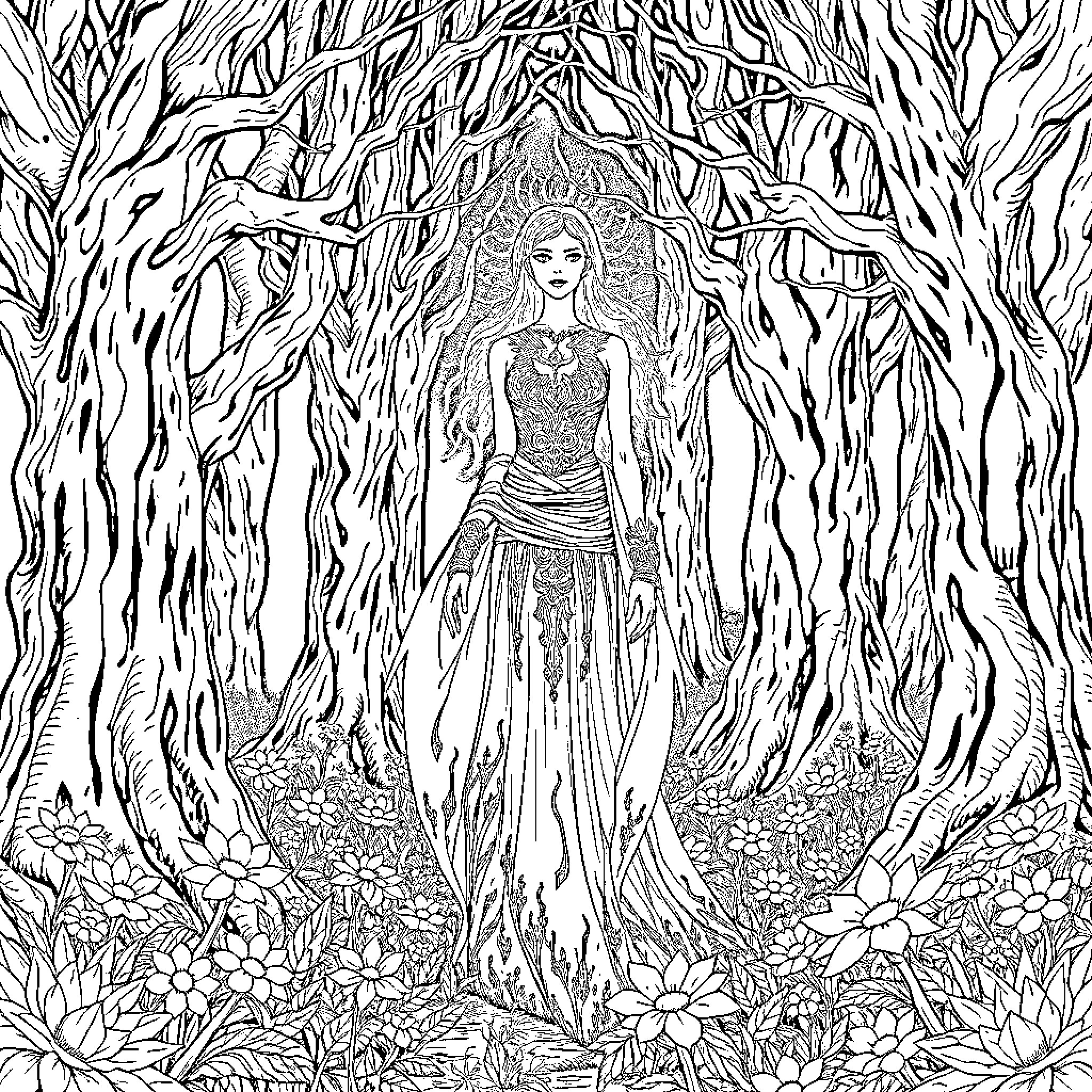 Therian Goddess in the Enchanted Forest Coloring Page (free black-and-white line drawing printable PDF for all, from beginners to advanced learners, including children, teens, adults, and seniors)