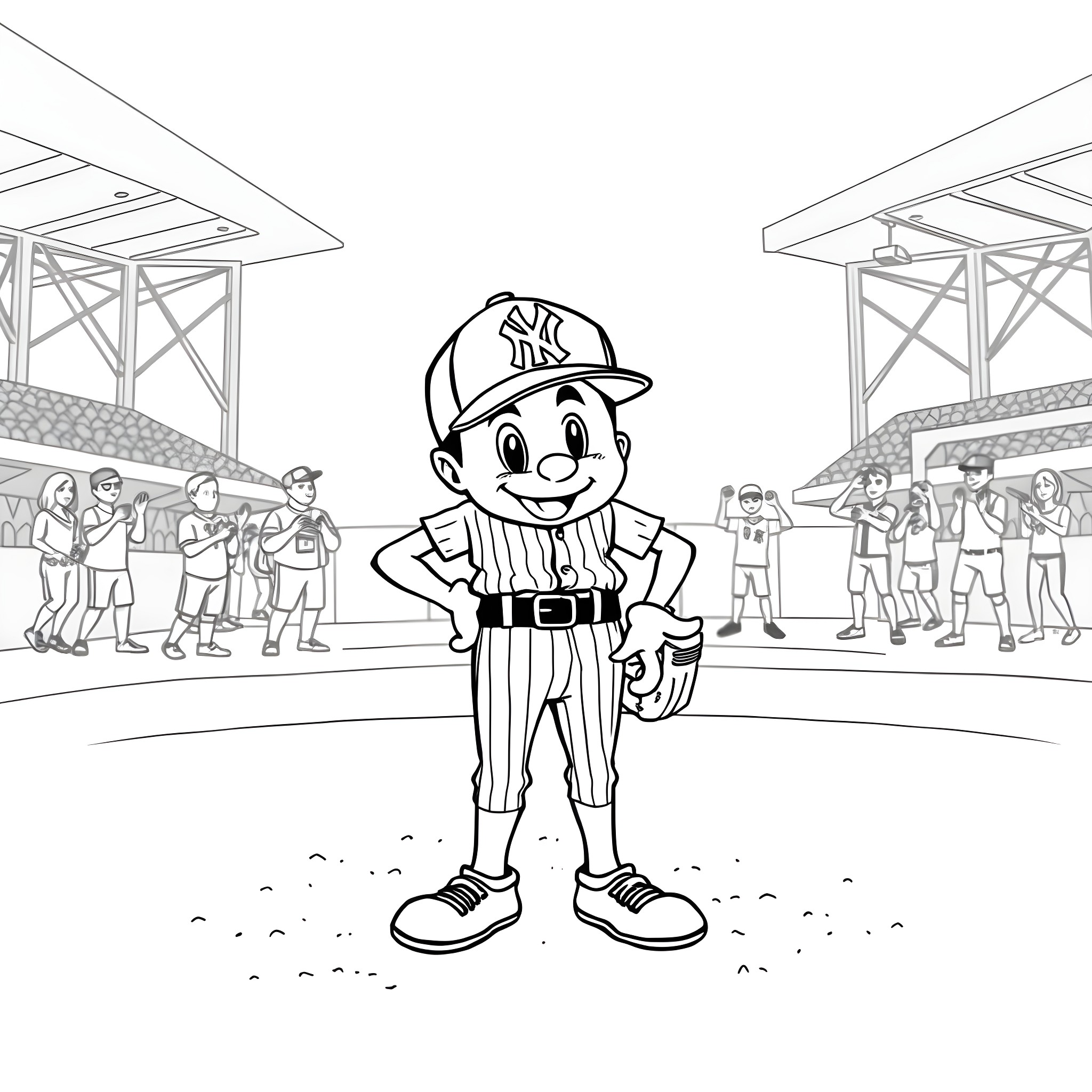 Benny the Cheerful Baseball Player at the Stadium Coloring Page (free black-and-white line drawing printable PDF for all, from beginners to advanced learners, including children, teens, adults, and seniors)