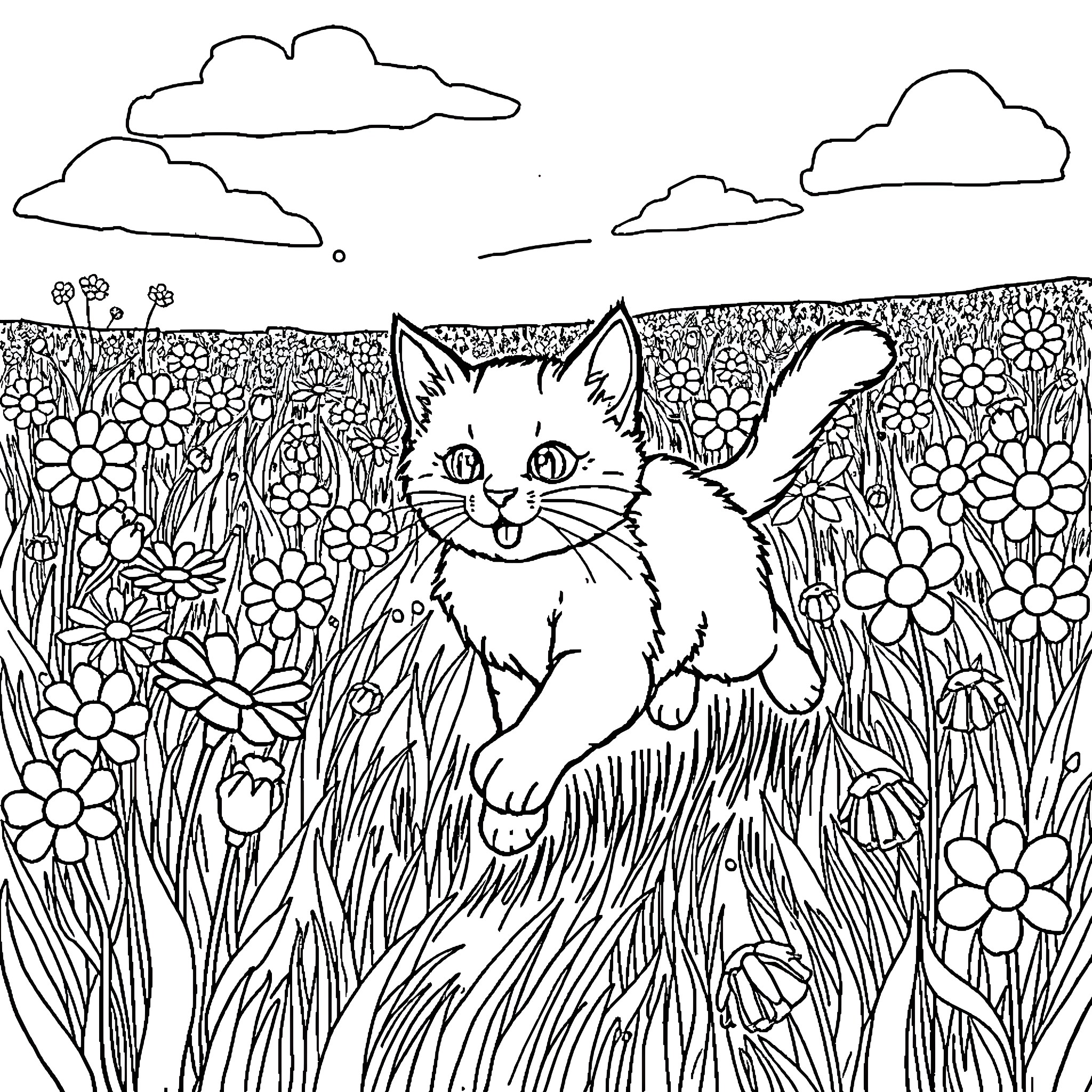 Cat exploring a floral field Coloring Page (free black-and-white line drawing printable PDF for all, from beginners to advanced learners, including children, teens, adults, and seniors)