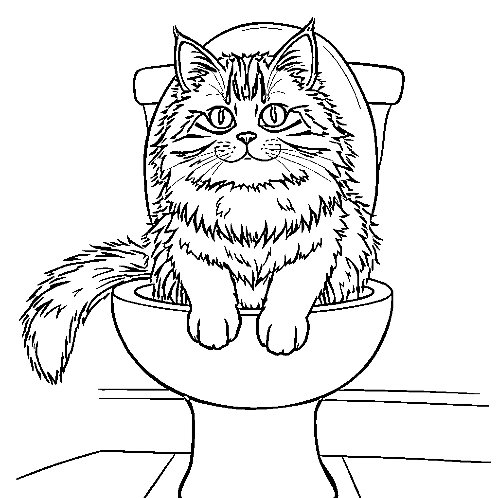 Cat in a bowl Coloring Page (free black-and-white line drawing printable PDF for all, from beginners to advanced learners, including children, teens, adults, and seniors)