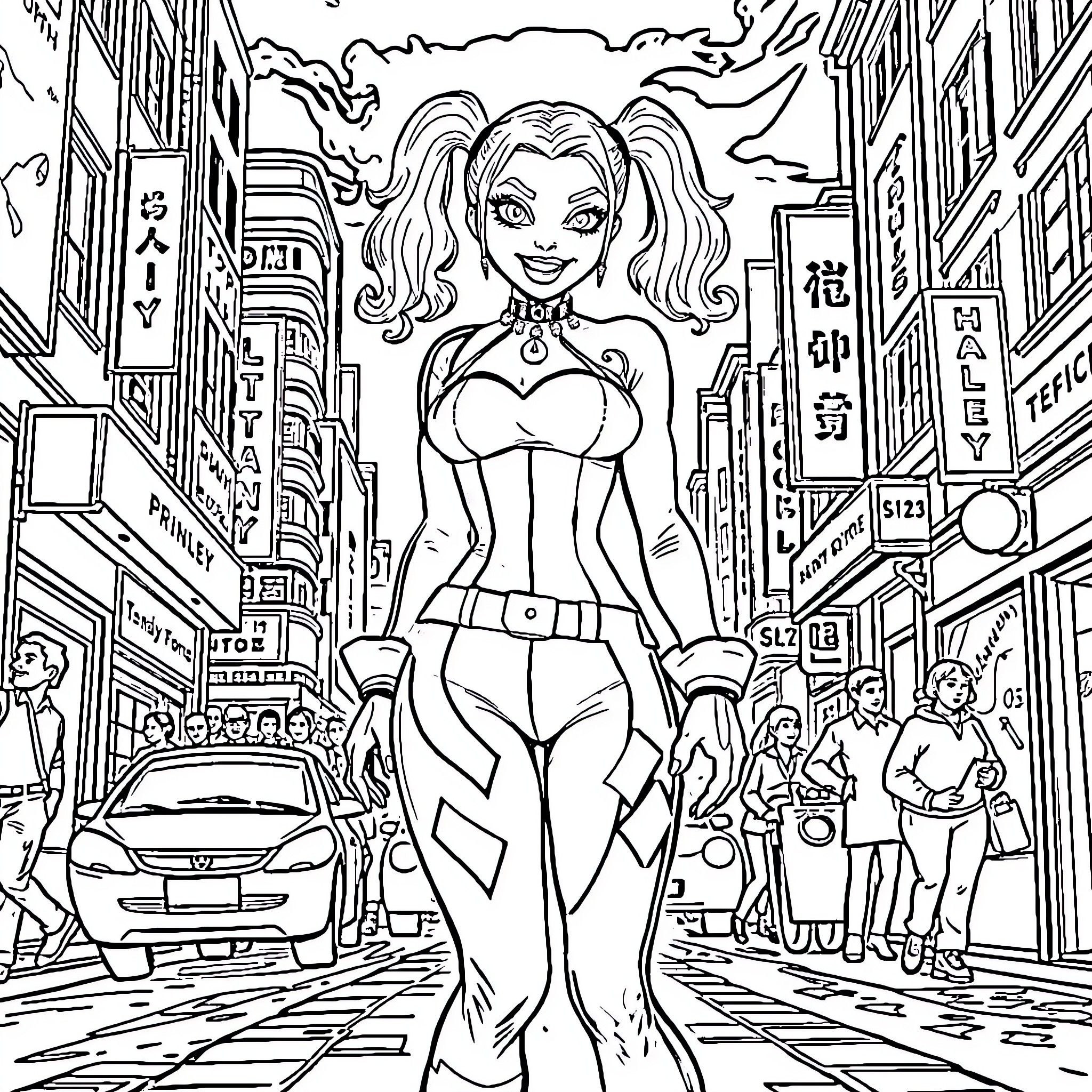 Harley Quinn's Charismatic Cityscape Adventure Coloring Page (free black-and-white line drawing printable PDF for all, from beginners to advanced learners, including children, teens, adults, and seniors)