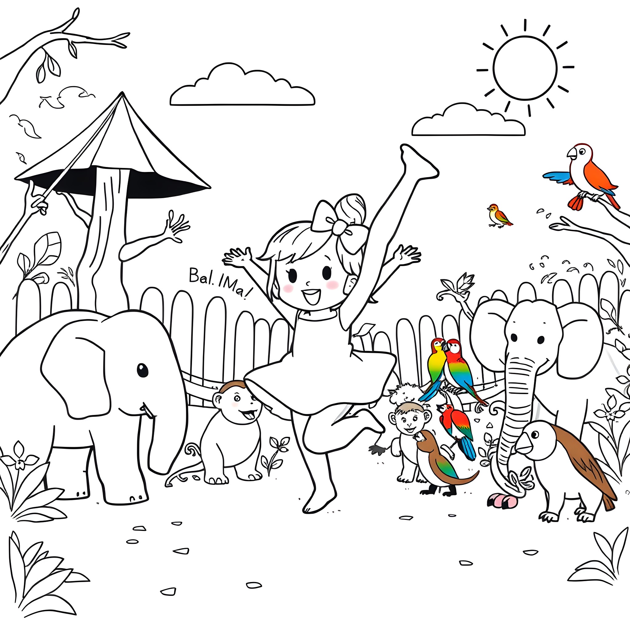 Mymelody's Outdoor Adventure with Animals Coloring Page (free black-and-white line drawing printable PDF for all, from beginners to advanced learners, including children, teens, adults, and seniors)