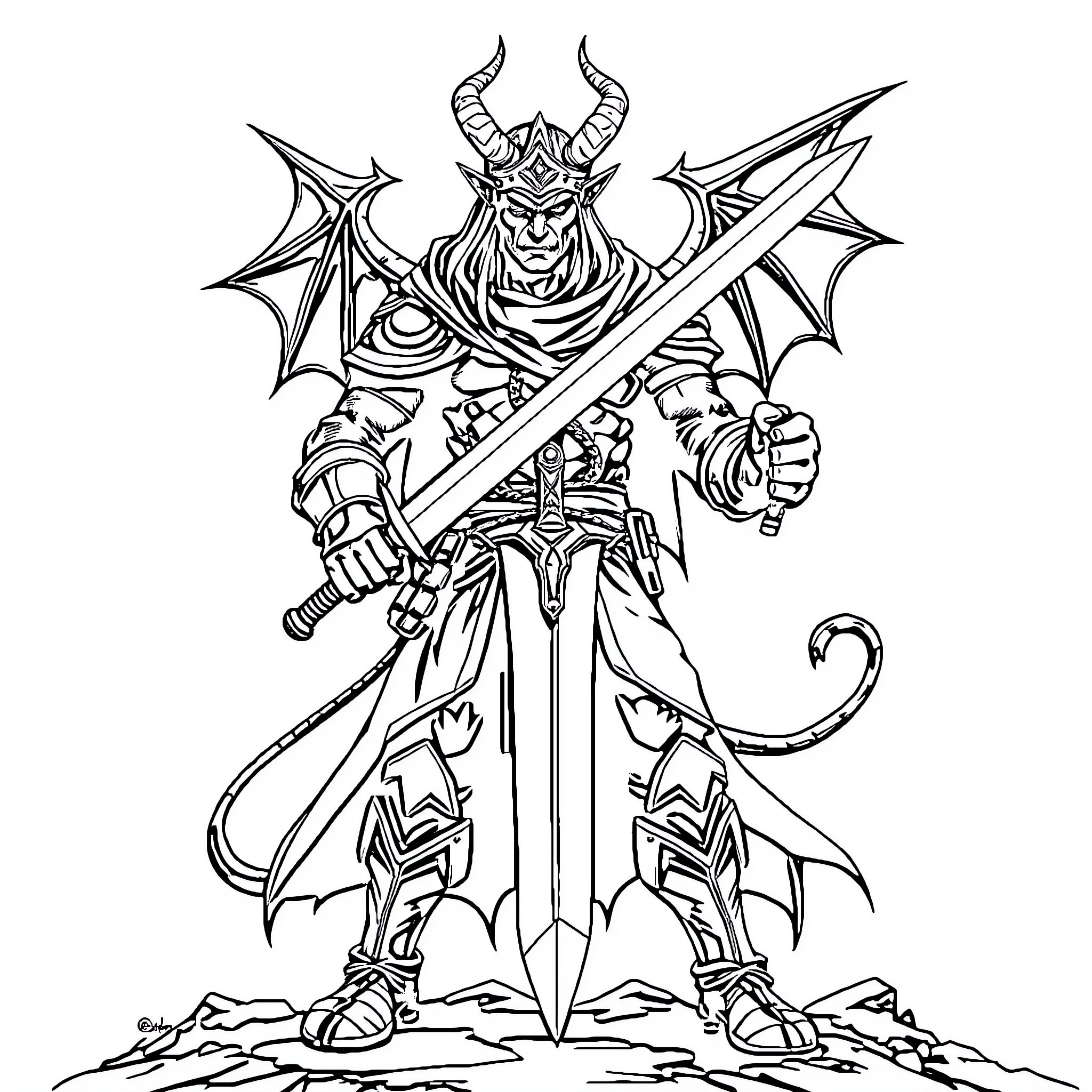Demon Slayer Warrior Wielding Sword in Fierce Pose Coloring Page (free black-and-white line drawing printable PDF for all, from beginners to advanced learners, including children, teens, adults, and seniors)