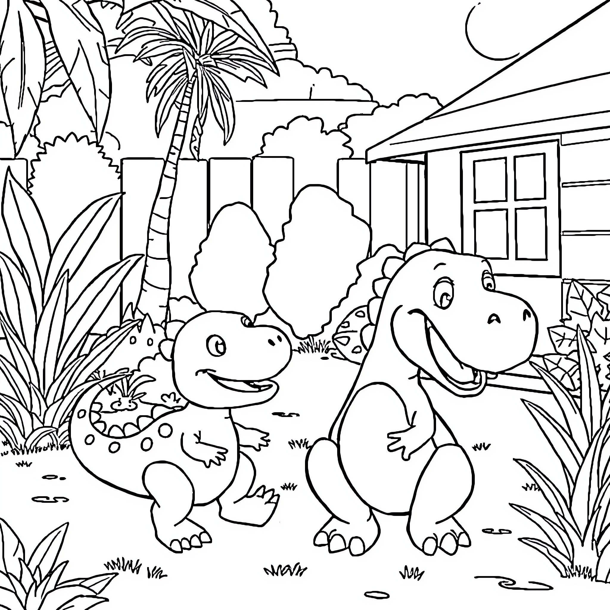 Lilo's Dinosaur Adventure in a Tropical Paradise Coloring Page (free black-and-white line drawing printable PDF for all, from beginners to advanced learners, including children, teens, adults, and seniors)