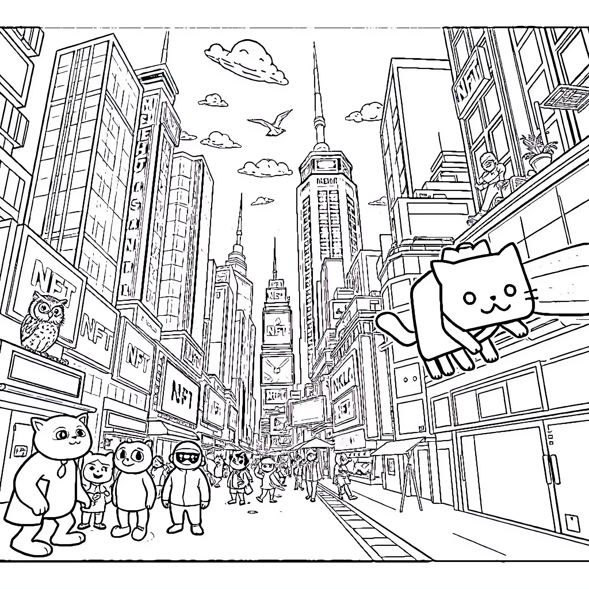 NFT Character Exploring Vibrant Cityscape with Whimsical Figures Coloring Page (free black-and-white line drawing printable PDF for all, from beginners to advanced learners, including children, teens, adults, and seniors)