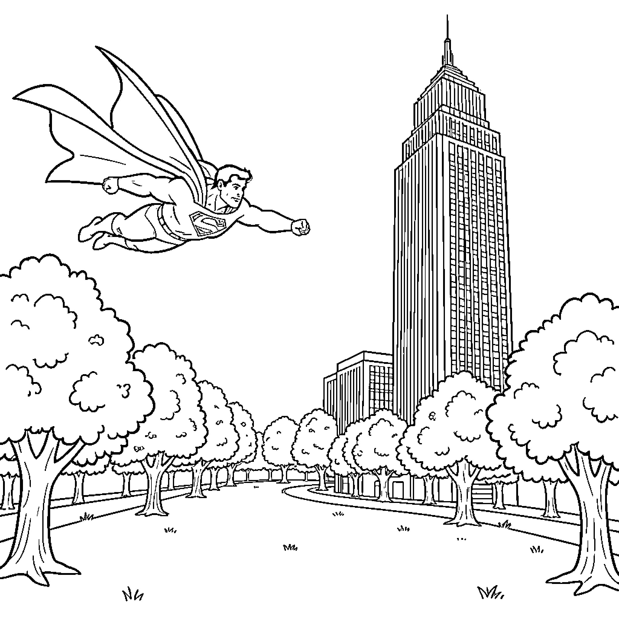 Superman flying heroically above a city skyline Coloring Page (free black-and-white line drawing printable PDF for all, from beginners to advanced learners, including children, teens, adults, and seniors)
