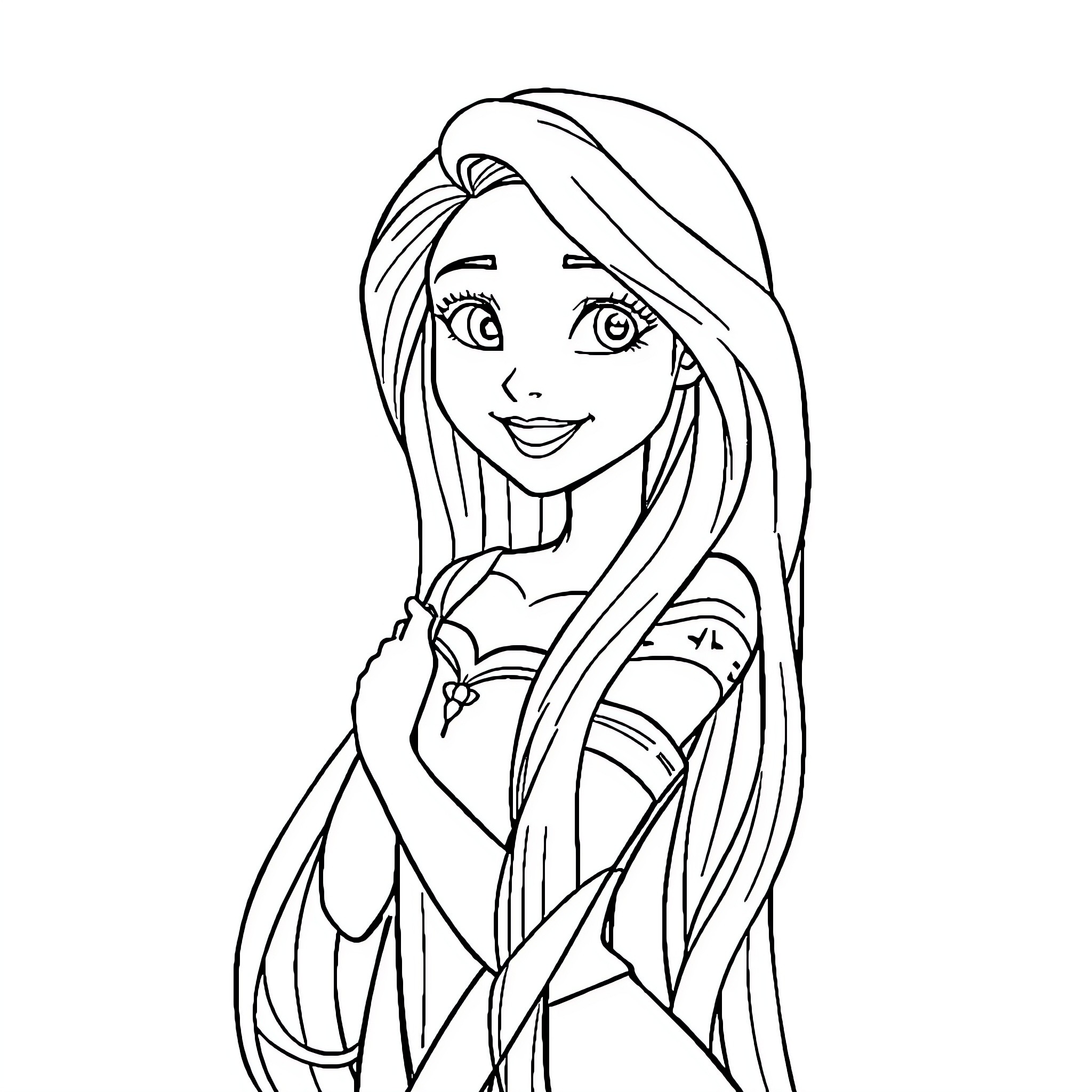 Rapunzel's Radiant Smile Coloring Page (free black-and-white line drawing printable PDF for all, from beginners to advanced learners, including children, teens, adults, and seniors)