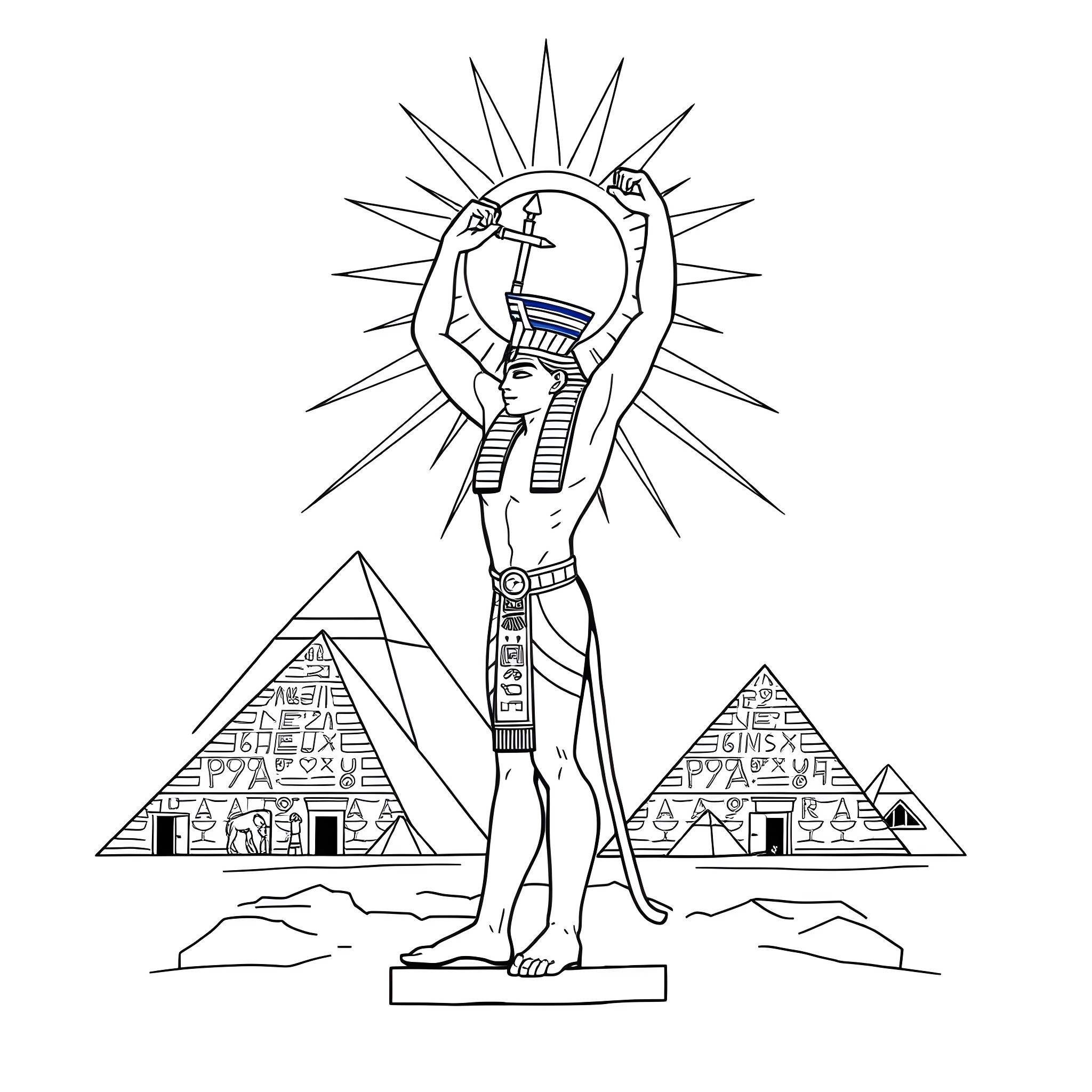 Amon Ra, the Egyptian Sun God, standing tall with pyramids in the background Coloring Page (free black-and-white line drawing printable PDF for all, from beginners to advanced learners, including children, teens, adults, and seniors)