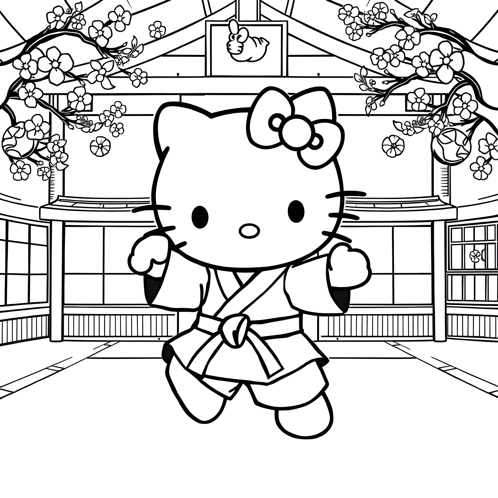 Hello Kitty in a Martial Arts Pose Coloring Page (free black-and-white line drawing printable PDF for all, from beginners to advanced learners, including children, teens, adults, and seniors)