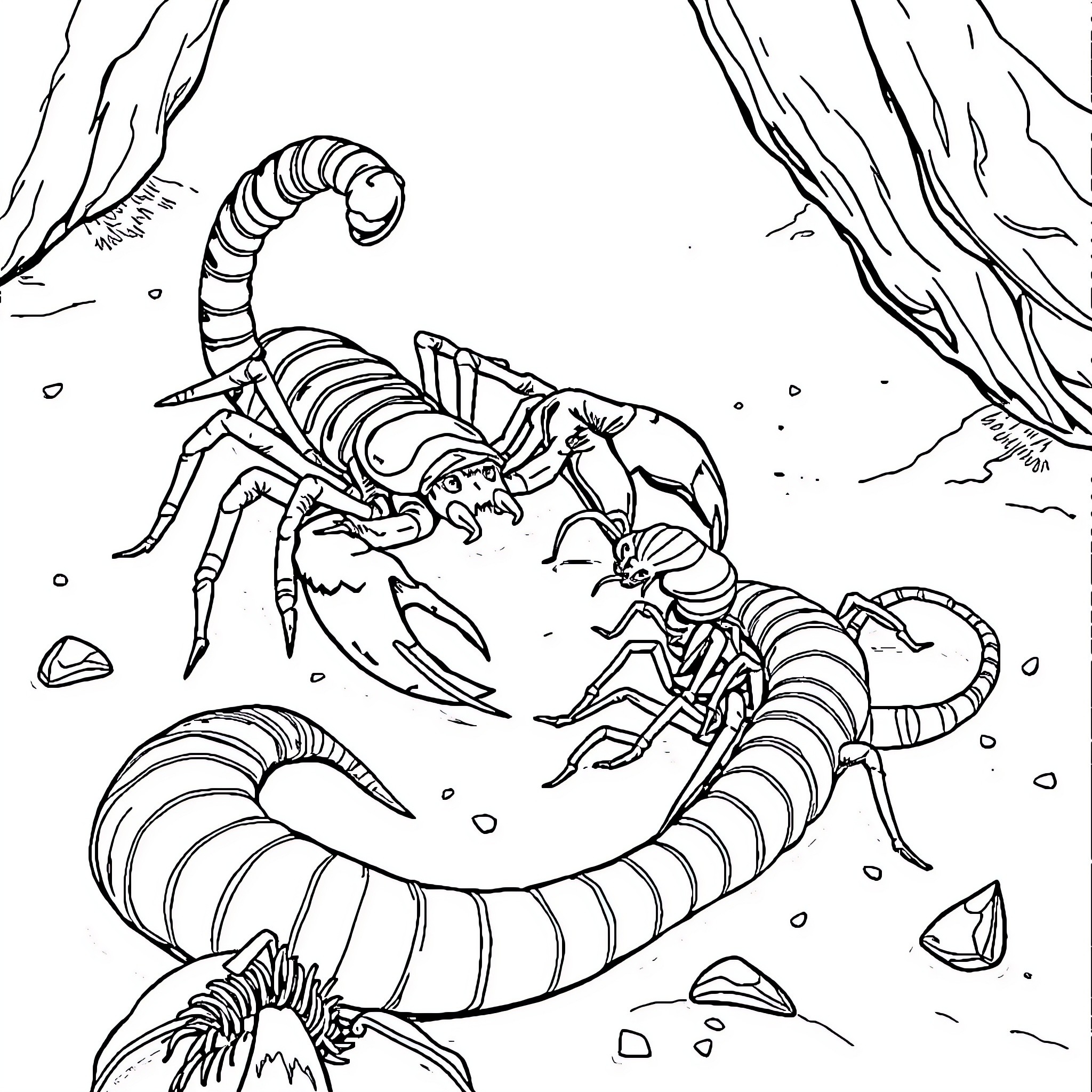 Scorpions battling in the underwater cave Coloring Page (free black-and-white line drawing printable PDF for all, from beginners to advanced learners, including children, teens, adults, and seniors)