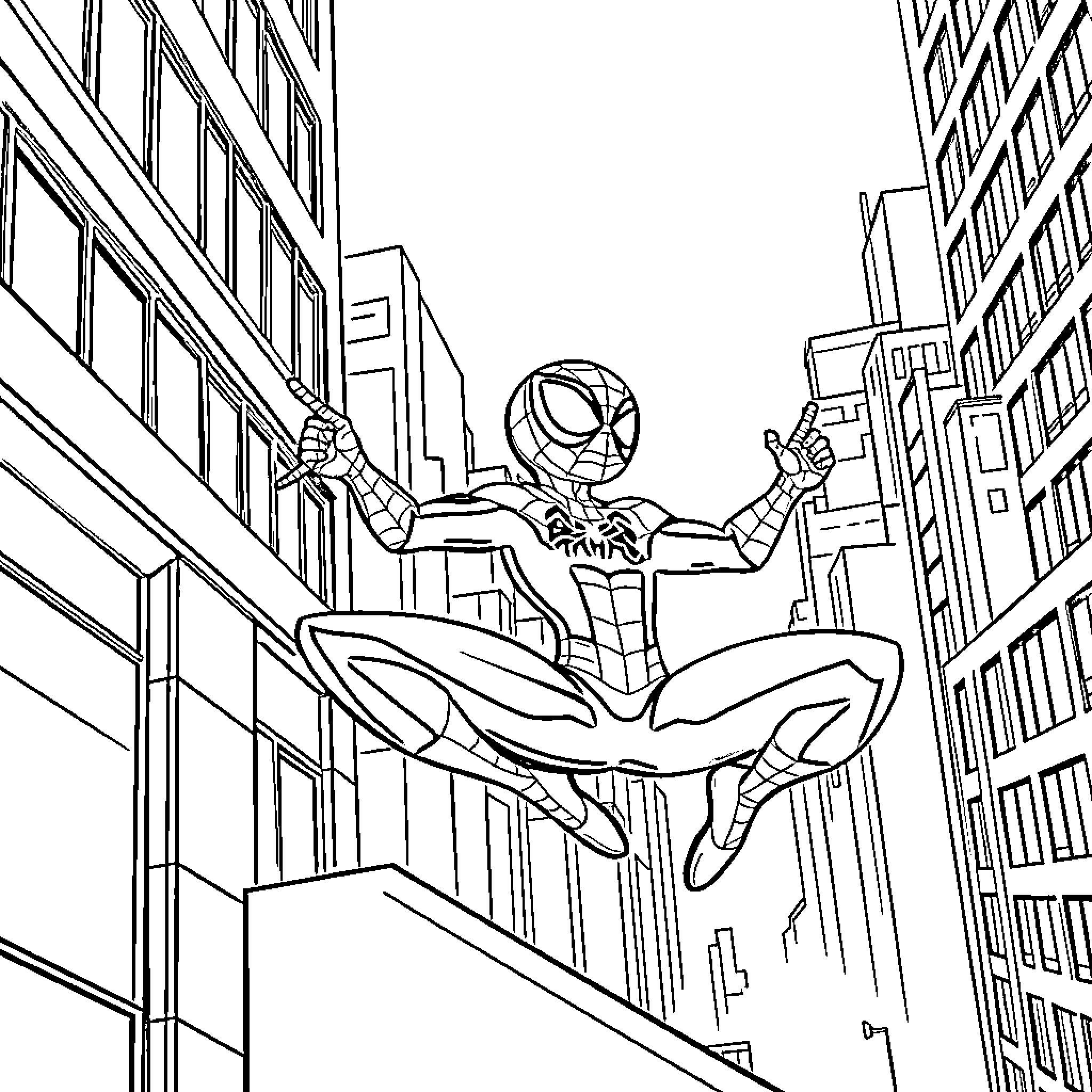 Spidey swinging high above the city Coloring Page (free black-and-white line drawing printable PDF for all, from beginners to advanced learners, including children, teens, adults, and seniors)