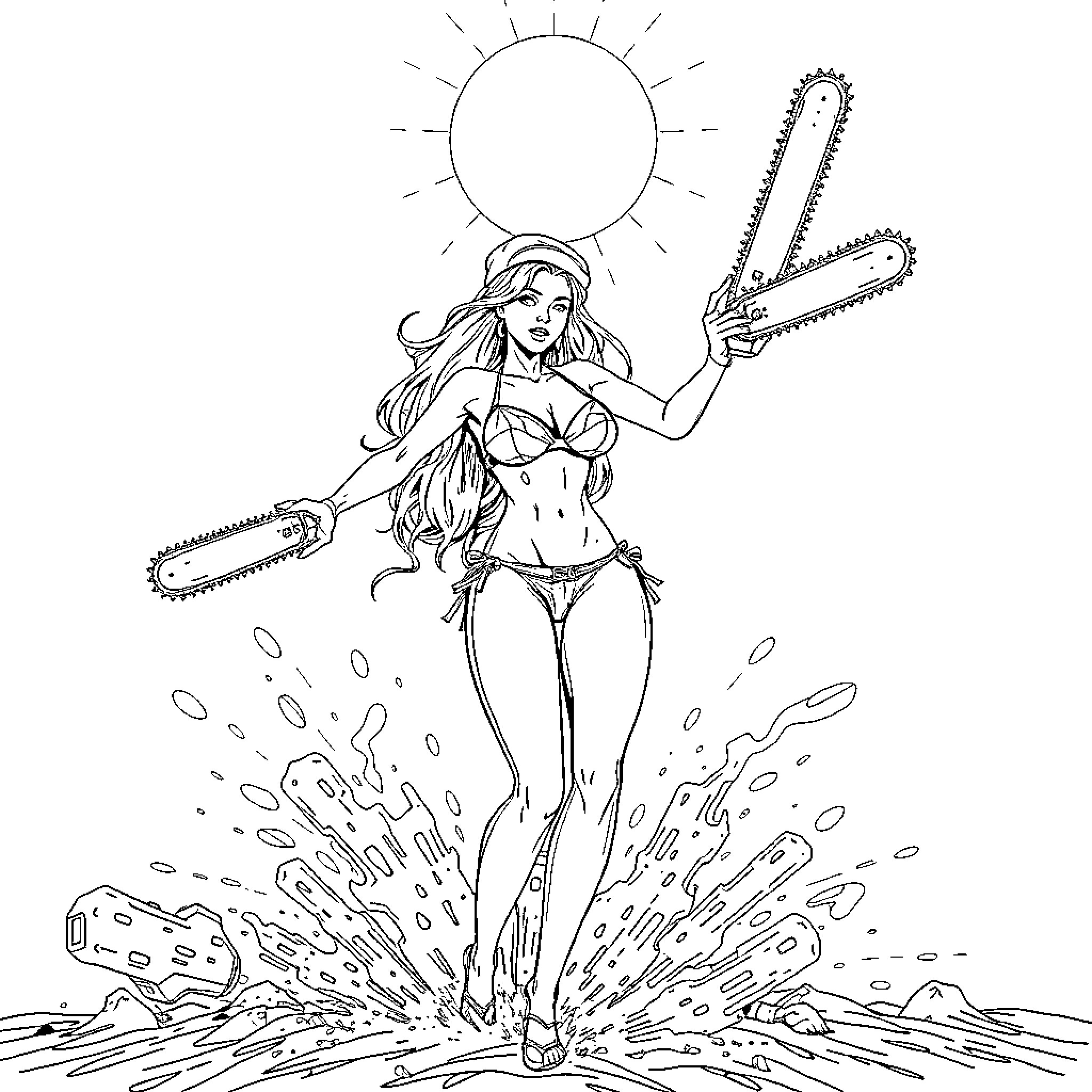 Babe with chainsaw and sun in action Coloring Page (free black-and-white line drawing printable PDF for all, from beginners to advanced learners, including children, teens, adults, and seniors)
