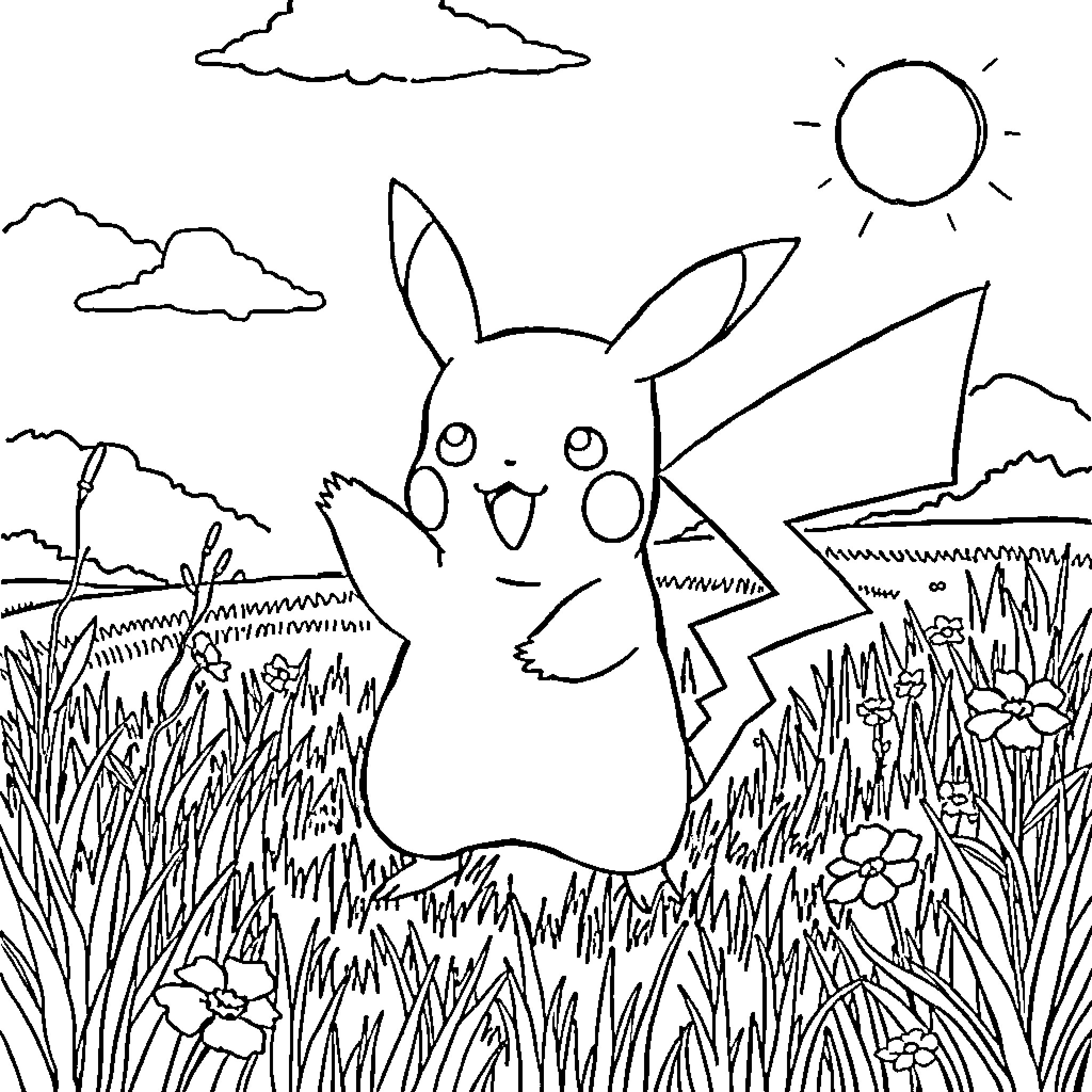 Pikachu playing in the grassy meadow Coloring Page (free black-and-white line drawing printable PDF for all, from beginners to advanced learners, including children, teens, adults, and seniors)