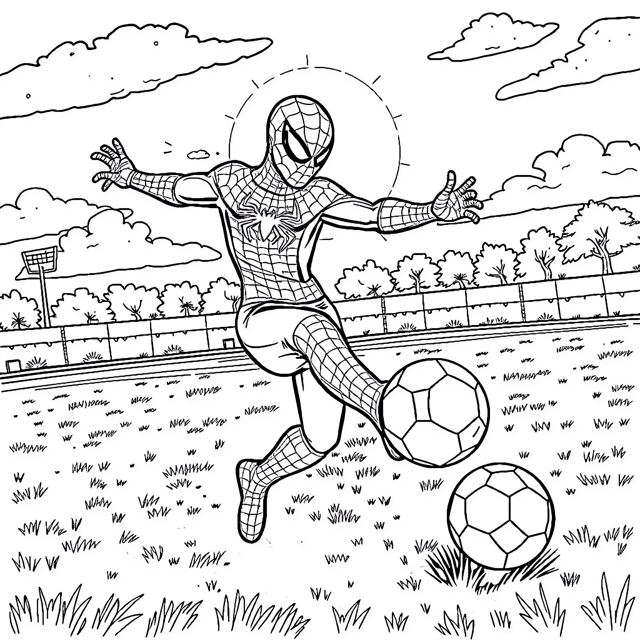 Spiderman playing soccer in the park Coloring Page (free black-and-white line drawing printable PDF for all, from beginners to advanced learners, including children, teens, adults, and seniors)