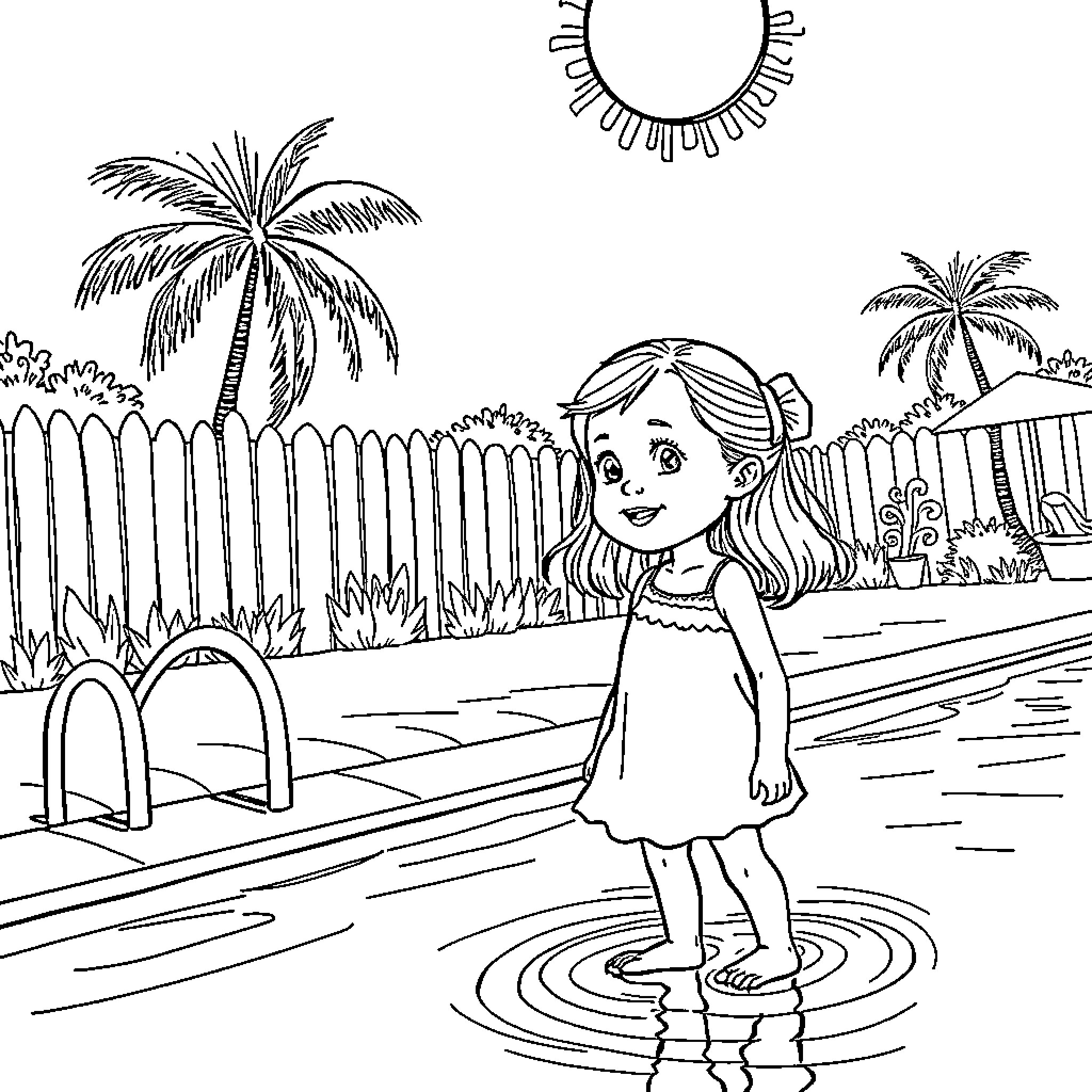 Girl playing in a tropical garden Coloring Page (free black-and-white line drawing printable PDF for all, from beginners to advanced learners, including children, teens, adults, and seniors)