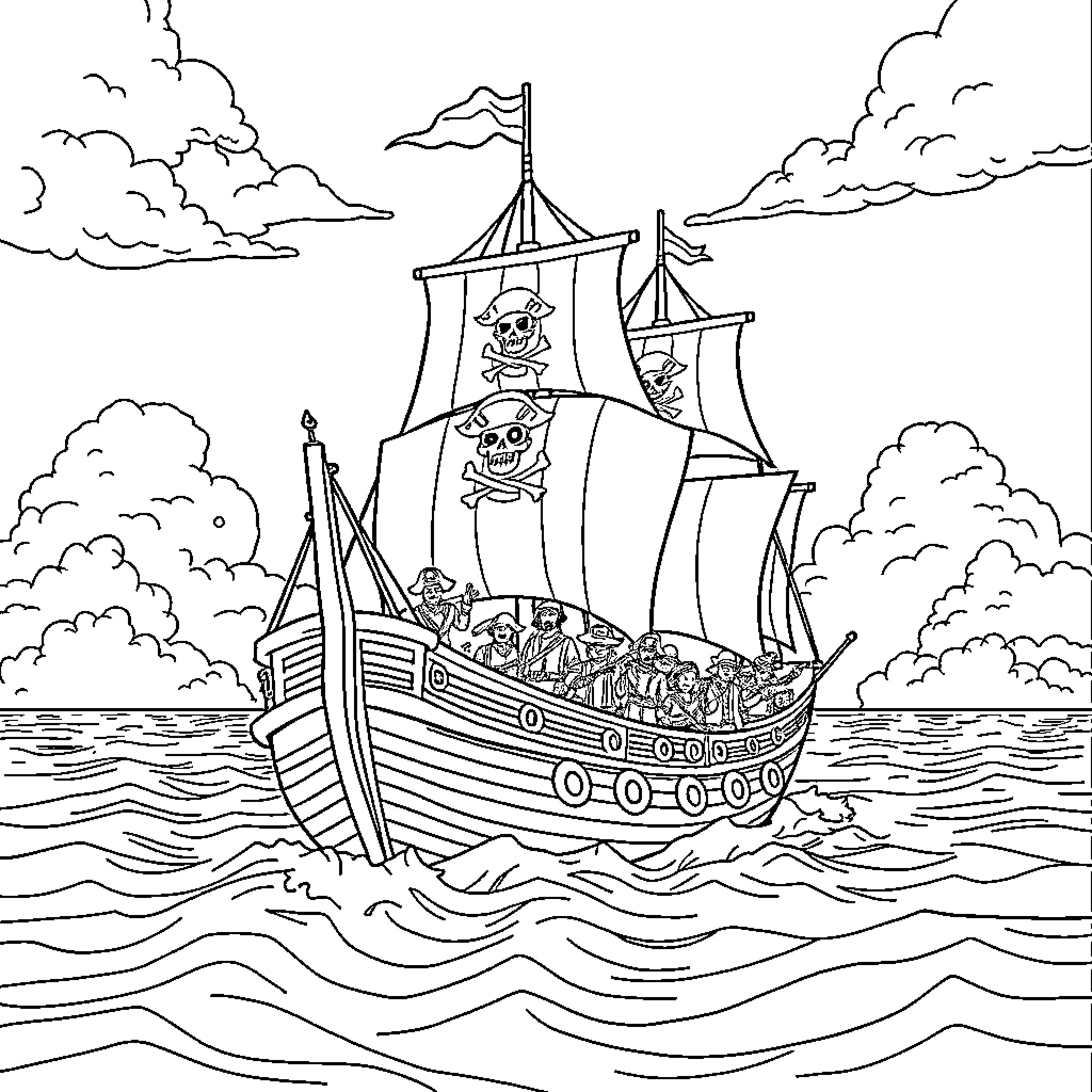Pirate Ship Sailing on the High Seas with Skull-and-Crossbones Flag Coloring Page (free black-and-white line drawing printable PDF for all, from beginners to advanced learners, including children, teens, adults, and seniors)