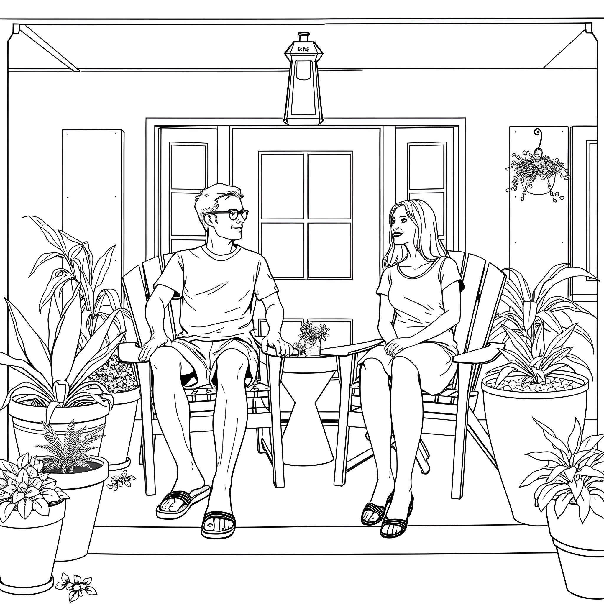 Person enjoying a casual conversation with friend at home Coloring Page (free black-and-white line drawing printable PDF for all, from beginners to advanced learners, including children, teens, adults, and seniors)