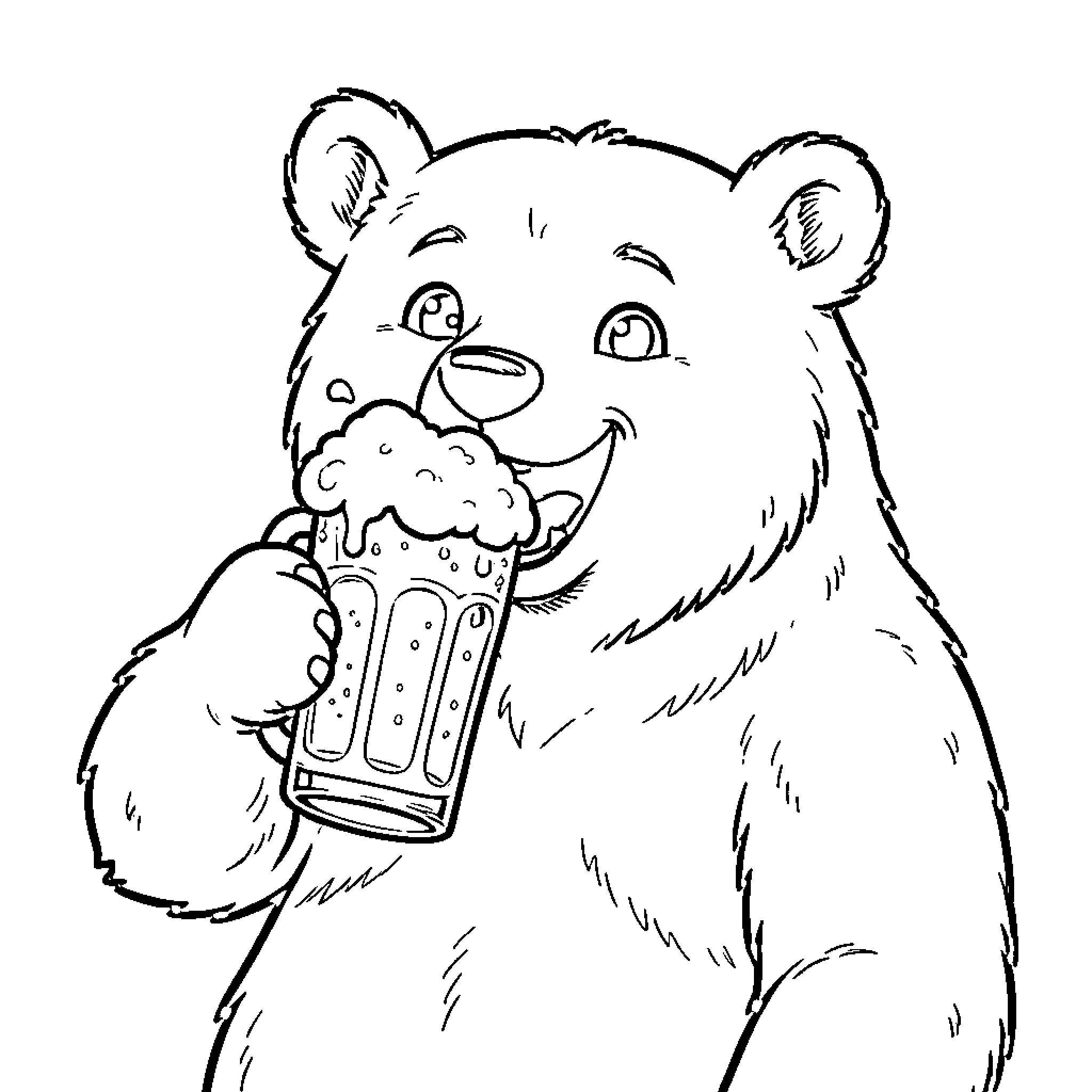Bear enjoying a foamy beverage Coloring Page (free black-and-white line drawing printable PDF for all, from beginners to advanced learners, including children, teens, adults, and seniors)