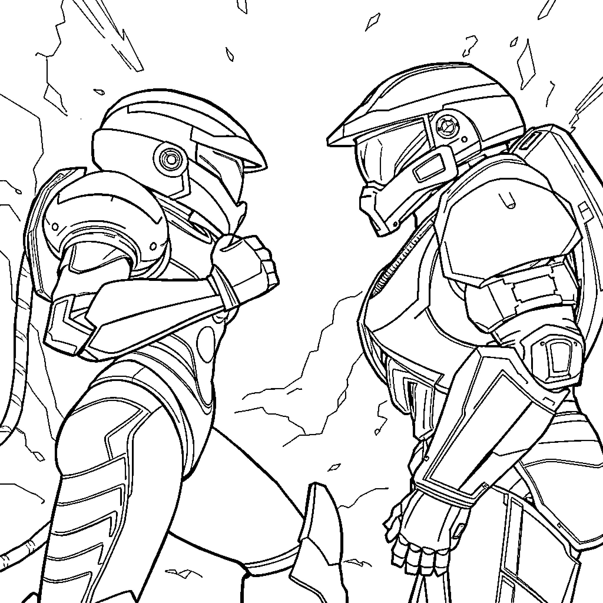 Samus Protagonists in Battle Stance Coloring Page (free black-and-white line drawing printable PDF for all, from beginners to advanced learners, including children, teens, adults, and seniors)