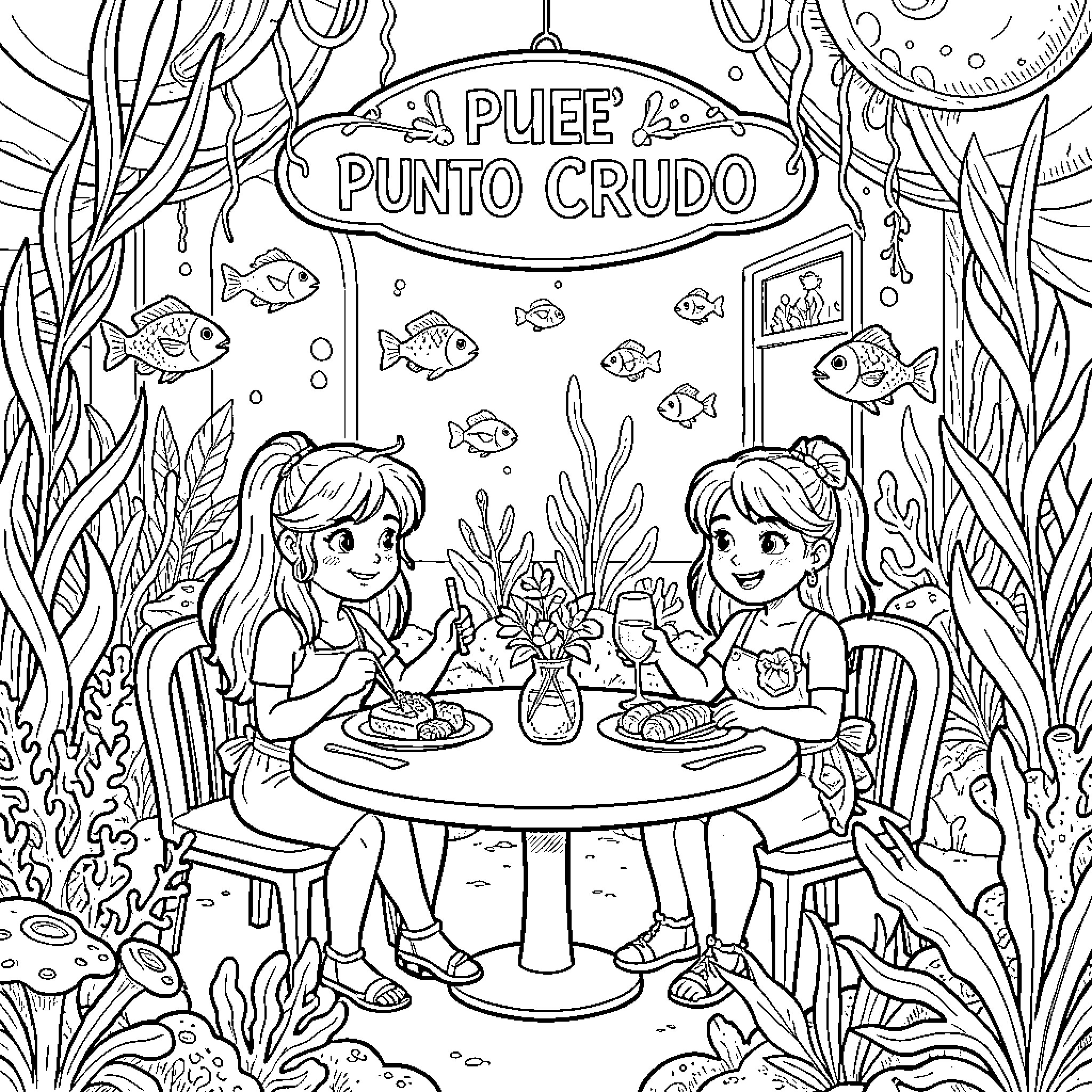 Ariel's undersea dining experience at Punto Crudo Coloring Page (free black-and-white line drawing printable PDF for all, from beginners to advanced learners, including children, teens, adults, and seniors)
