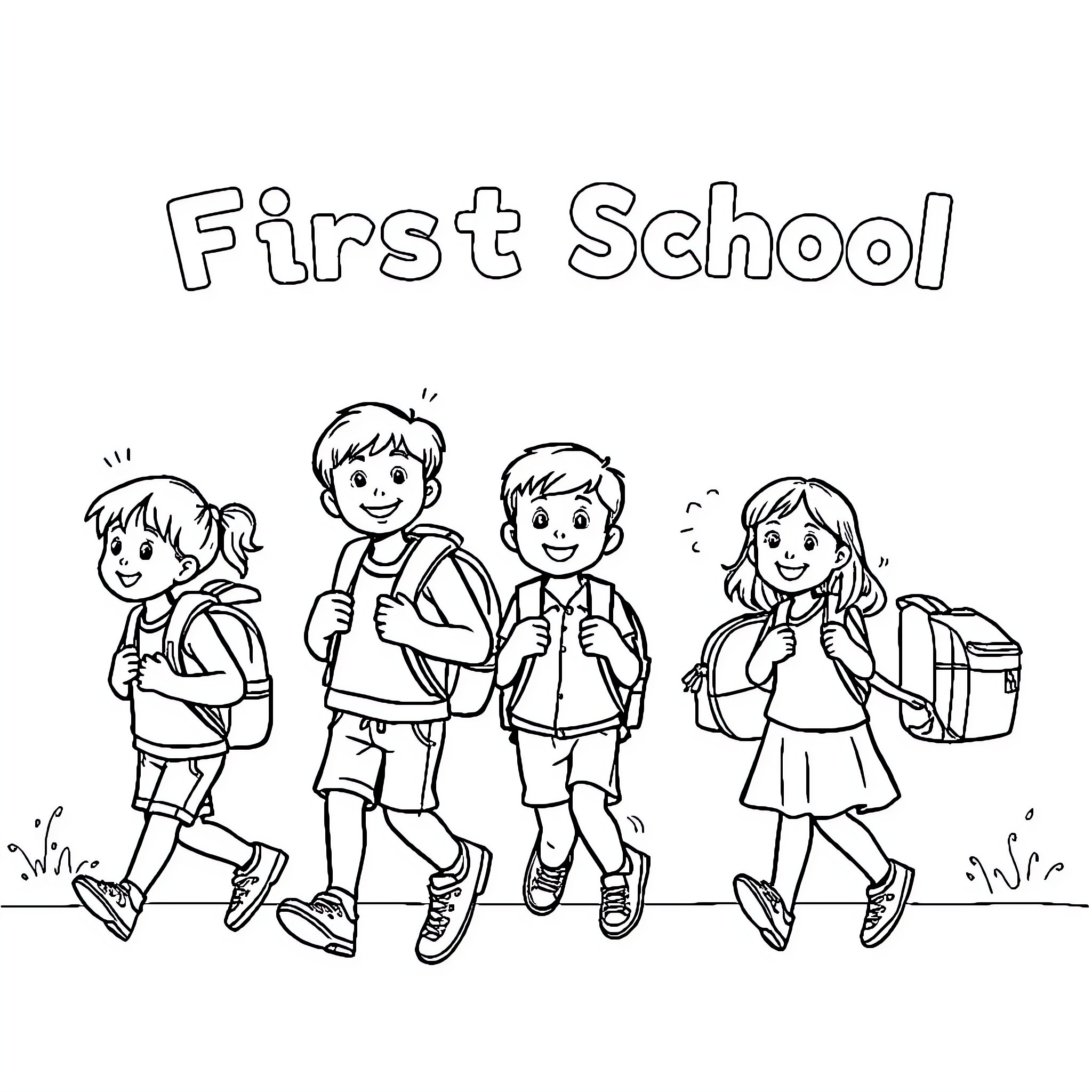 Back to School: Students Excited for First Day Coloring Page (free black-and-white line drawing printable PDF for all, from beginners to advanced learners, including children, teens, adults, and seniors)
