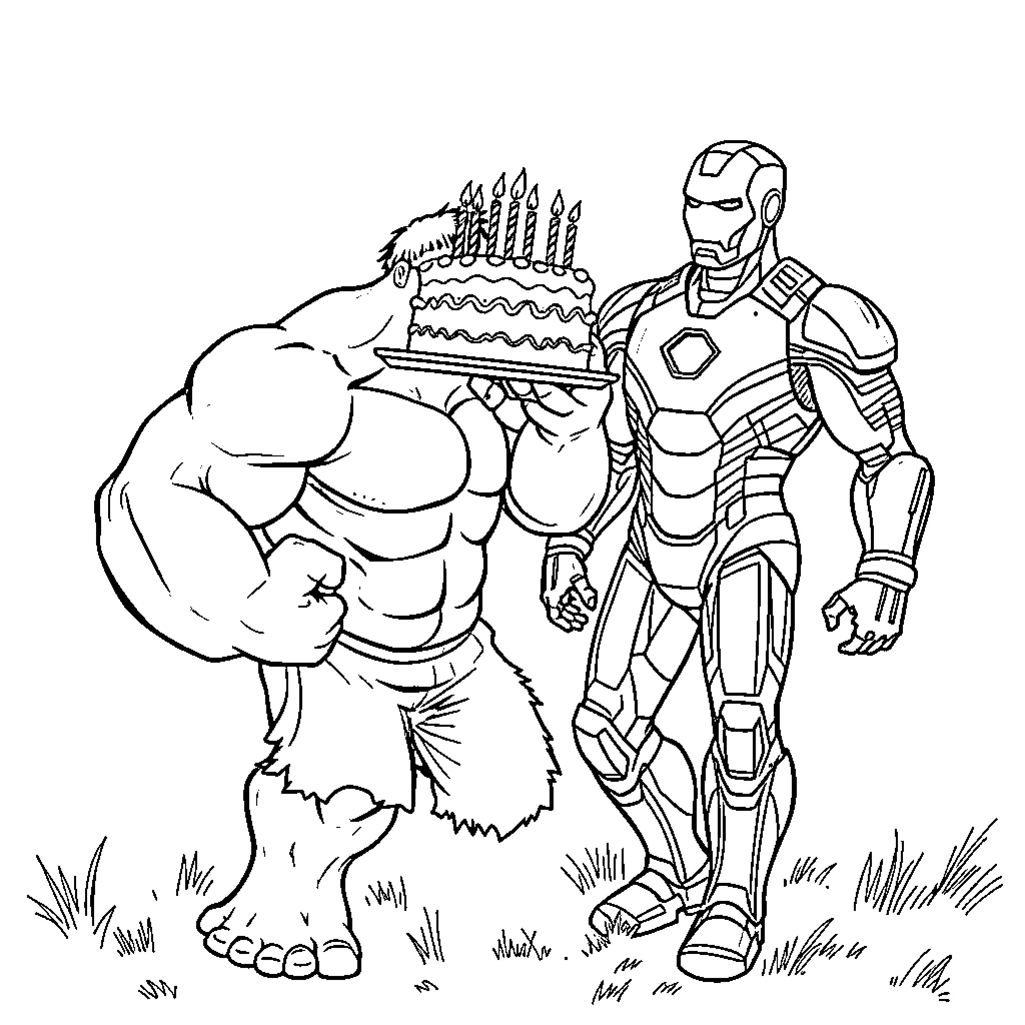 Hulk and Iron Man Celebrating a Birthday Coloring Page (free black-and-white line drawing printable PDF for all, from beginners to advanced learners, including children, teens, adults, and seniors)