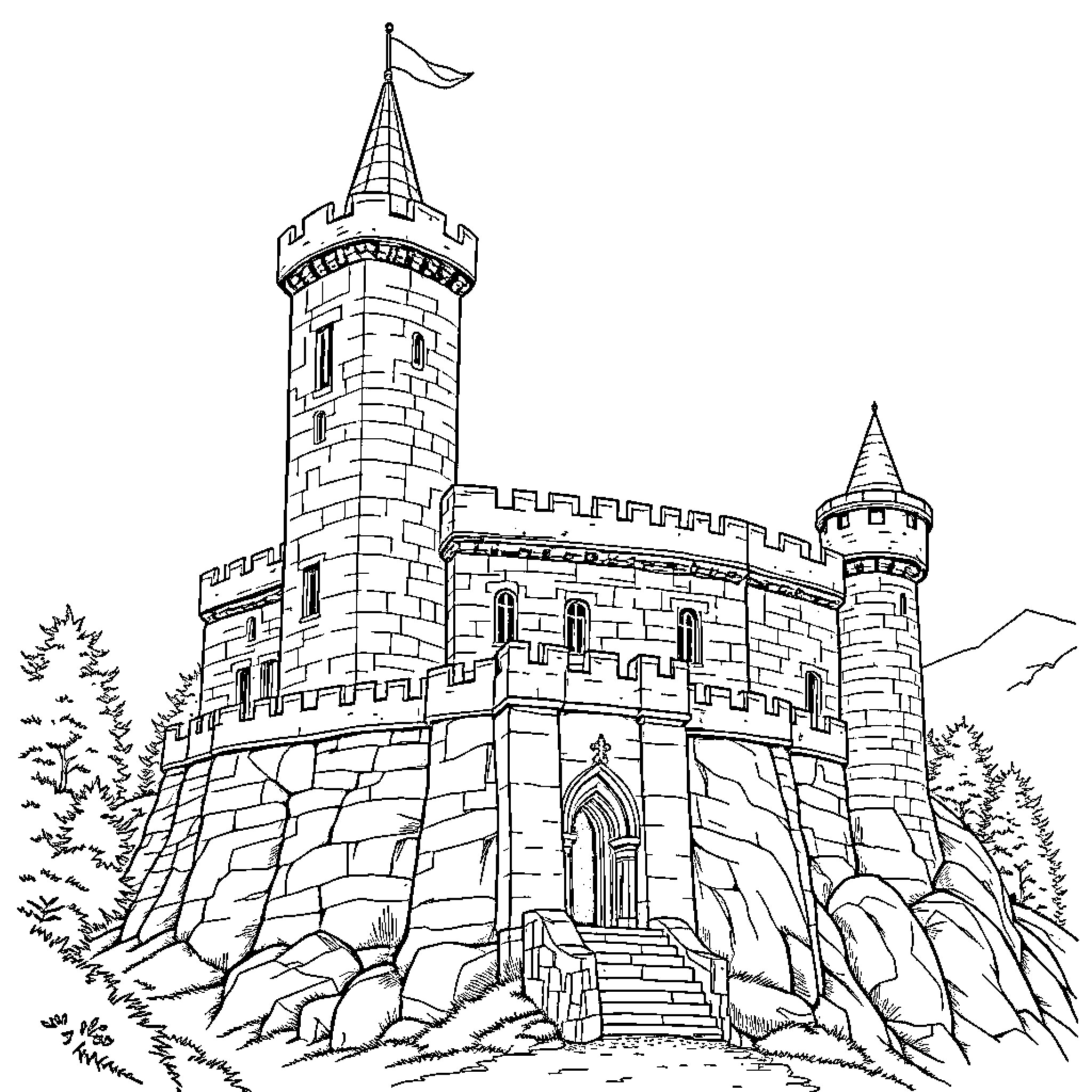 Castle with turrets and flags in a rocky landscape Coloring Page (free black-and-white line drawing printable PDF for all, from beginners to advanced learners, including children, teens, adults, and seniors)