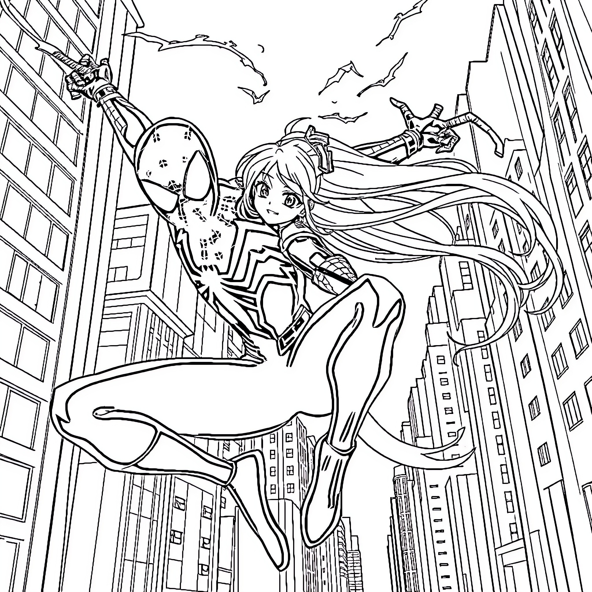 Spiderman-inspired hero swinging through city skyline Coloring Page (free black-and-white line drawing printable PDF for all, from beginners to advanced learners, including children, teens, adults, and seniors)